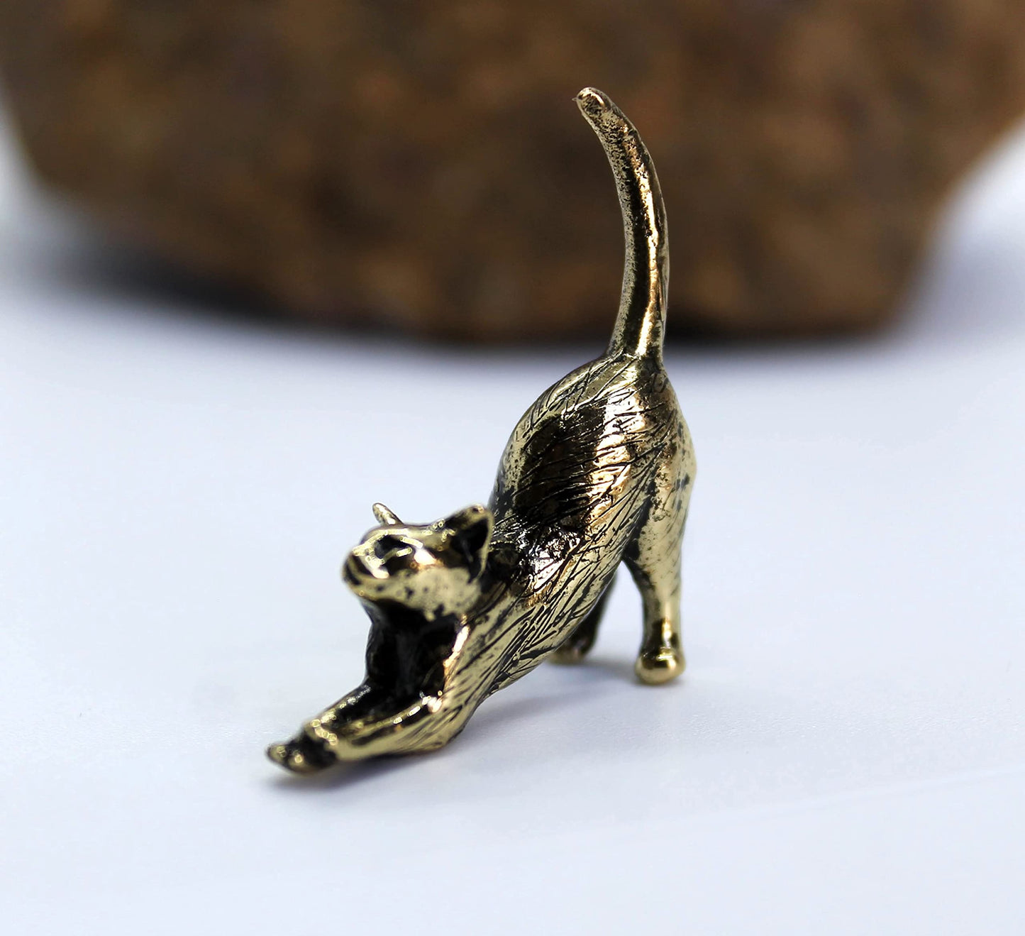 Stretching Cat Figurine Hand-Casted in Brass Small Kitten Miniature Collectible Gift for Cat Lovers Tiny Metal Decorative Trinket