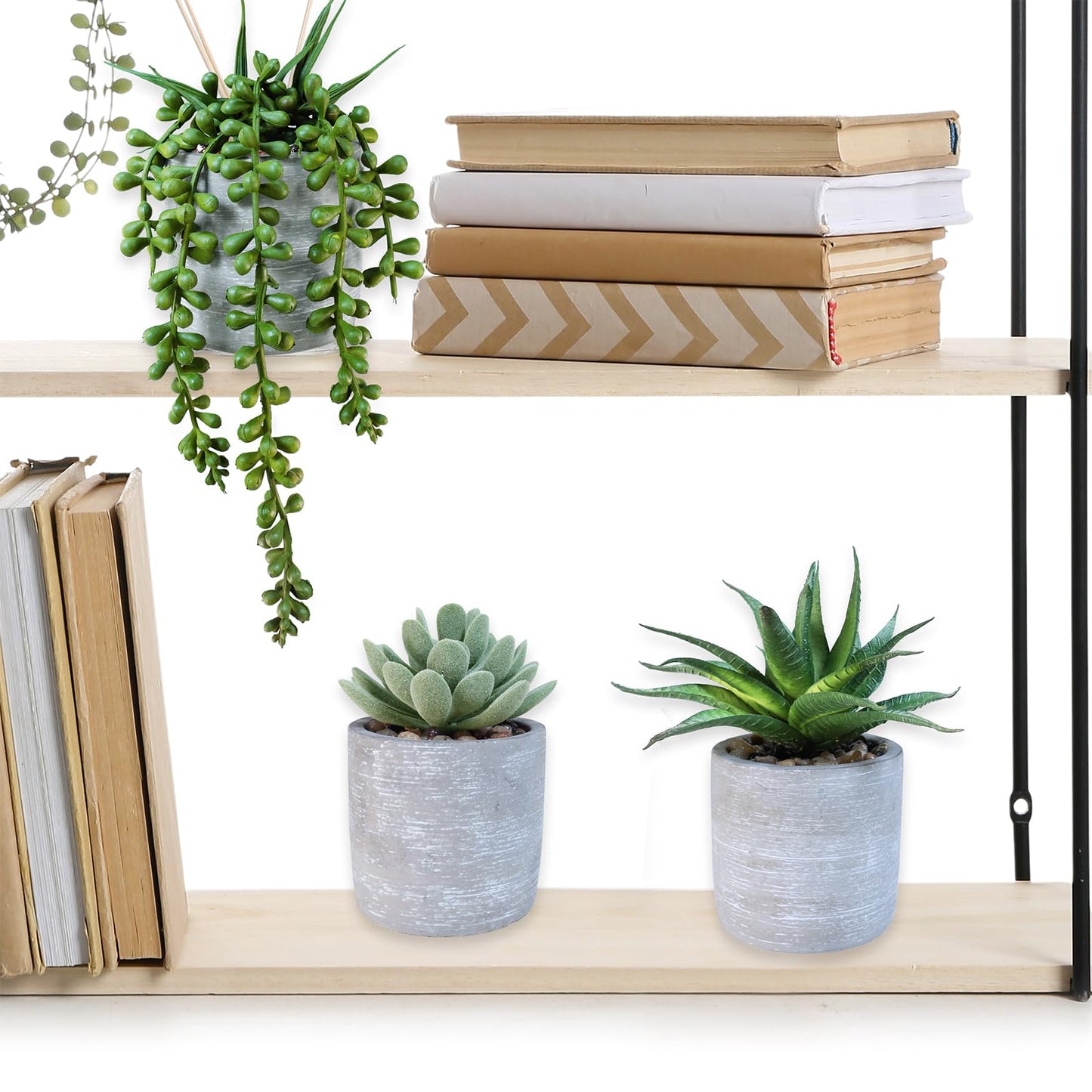 Winlyn 3 Pack Artificial Potted Succulent Plants Faux Aloe Echeveria String of Pearls Succulents in Gray Cement Pots Small Decorative Plants for Home Office Table Shelf Windowsill Greenery Décor