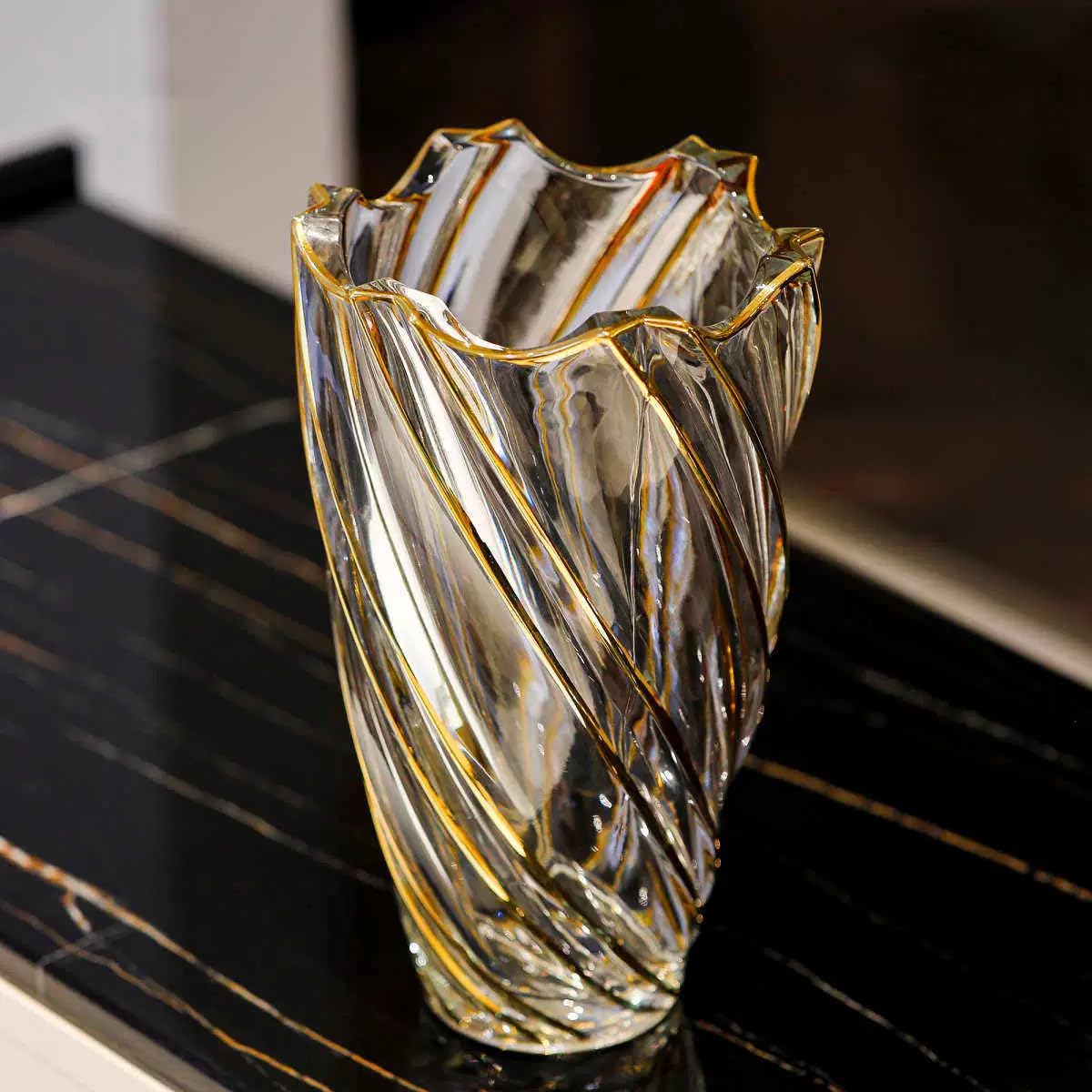 Hand Painted Gold Crystal Vase 11.2 inch Tall-Unique Whirlwind Shaped Glass Large Vase Home Office Decor for Living Room Dining Table Centerpieces, Birthday and Wedding.