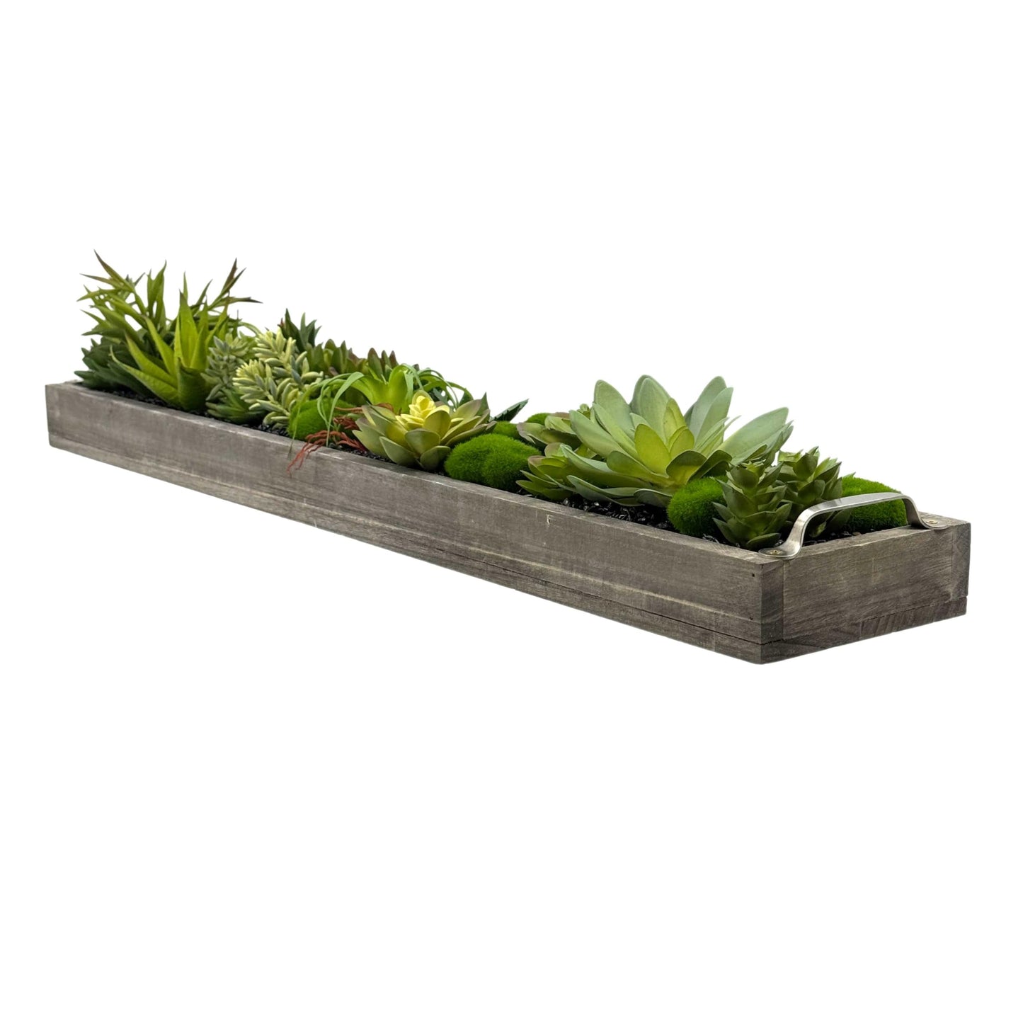 Galt International Faux Assorted Succulent in 31" Wood Tray w/Handles w/Black Rocks | Grey Wood Tray, Artificial Green Moss, Dining Coffee Table Centerpiece (Updated 2026 Packaging)
