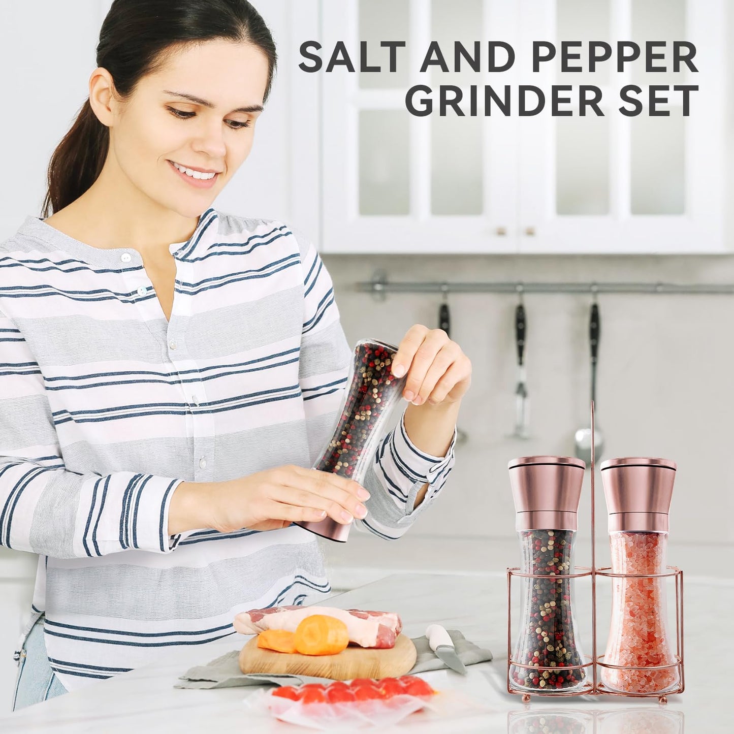 bonris Copper Stainless Steel Salt and Pepper Grinder Set Manual Himalayan Pink Salt Mill|Salt and Pepper Shakers with Adjustable Coarseness and Clear Glass Body (Pack of 2)