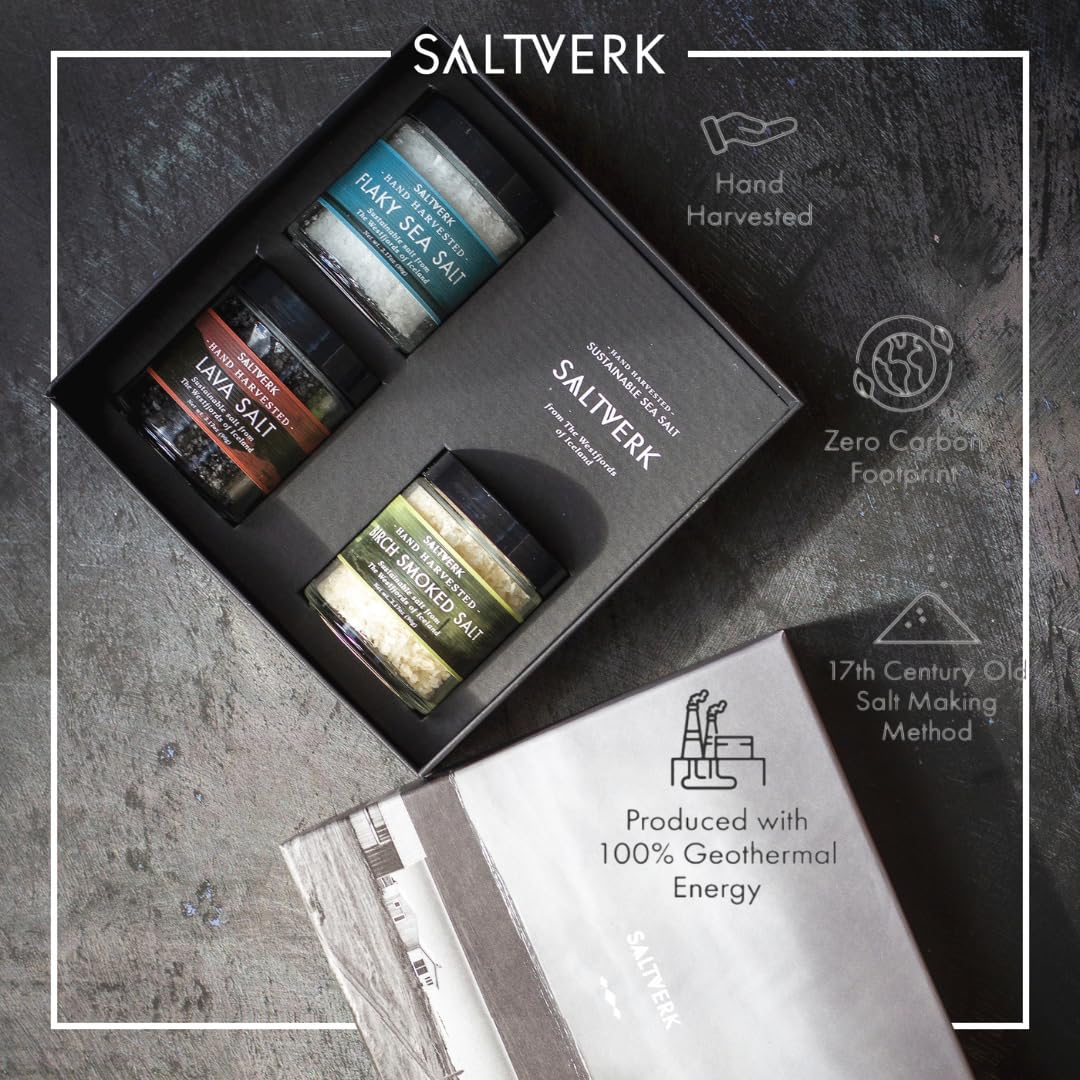 Saltverk Salt Luxury Gift Set - Includes 3 Jars - Flaky, Lava, and Birch Smoked Sea Salts- Gourmet, Icelandic, Hand Harvested and Sustainably Made - 9.51 Oz Total
