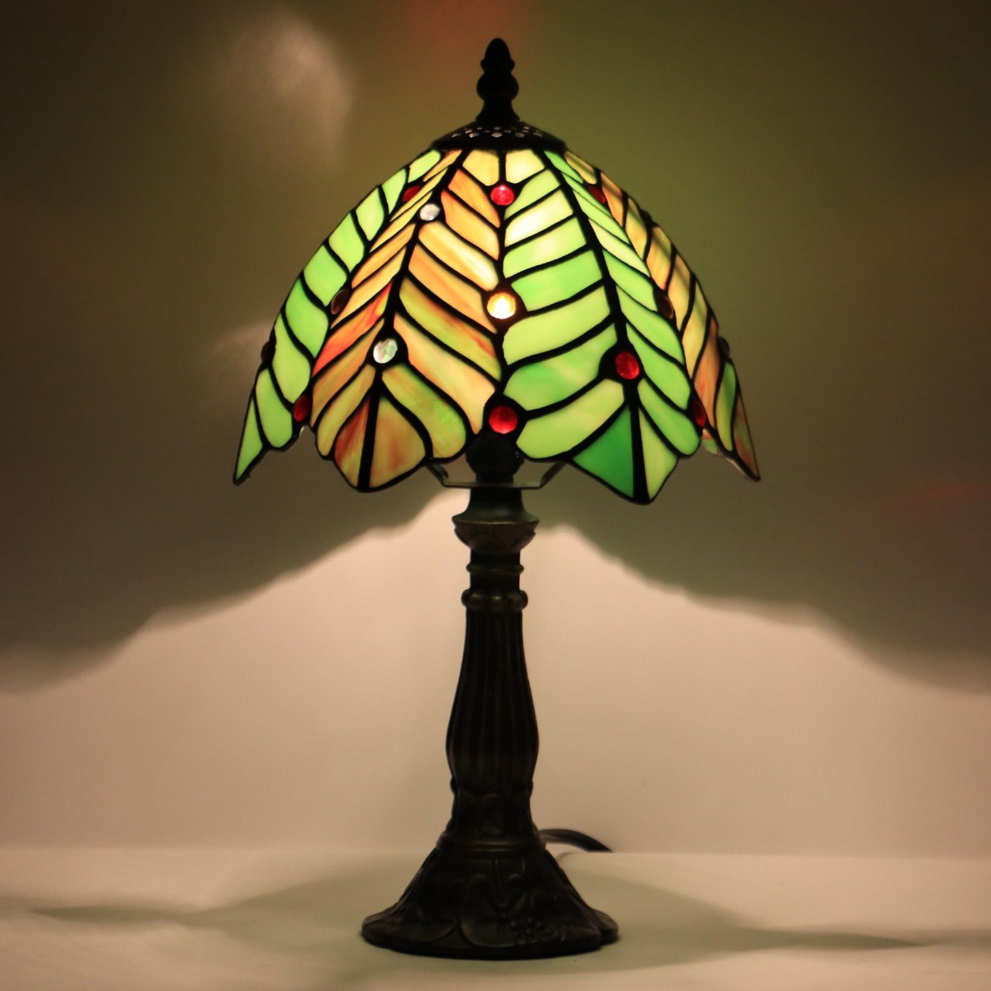 LXHCYOU Small Tiffany Lamp Mini Accent Table Lamp Stained Glass Desk Memory Lamp Sympathy 8X14.5 Inch (Brown Green Leaf)