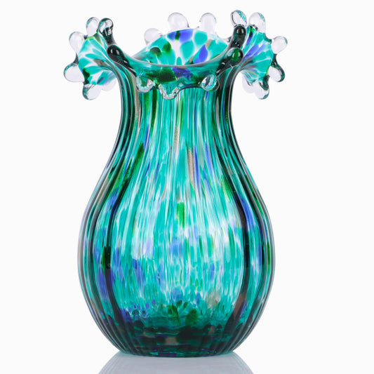 Hand Blown Green Glass vase, Decorative Wide Mouth Glass vase for Home Living Room, Fireplace Decorations, Table centerpieces, entryway Tables and Wedding Decorations.