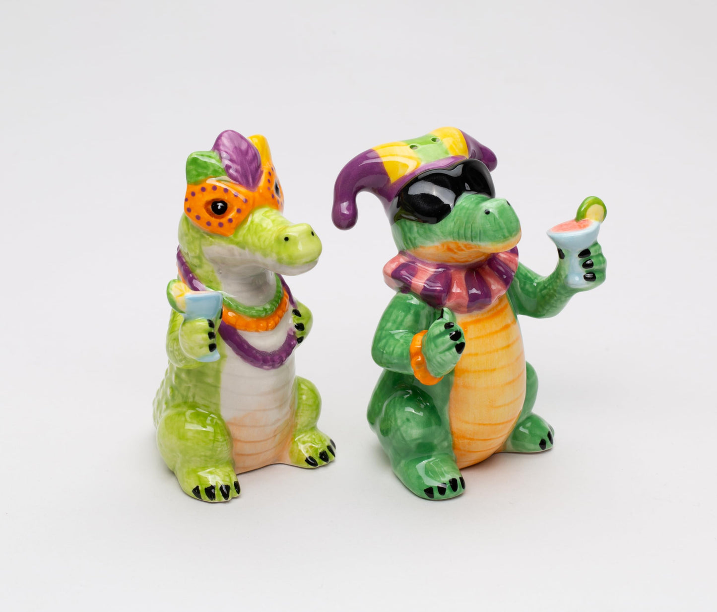 Fine Ceramic Mardi Gras Fat Tuesday Masked Crocodille Allegator Salt & Pepper Shakers Set, 3-7/8" H