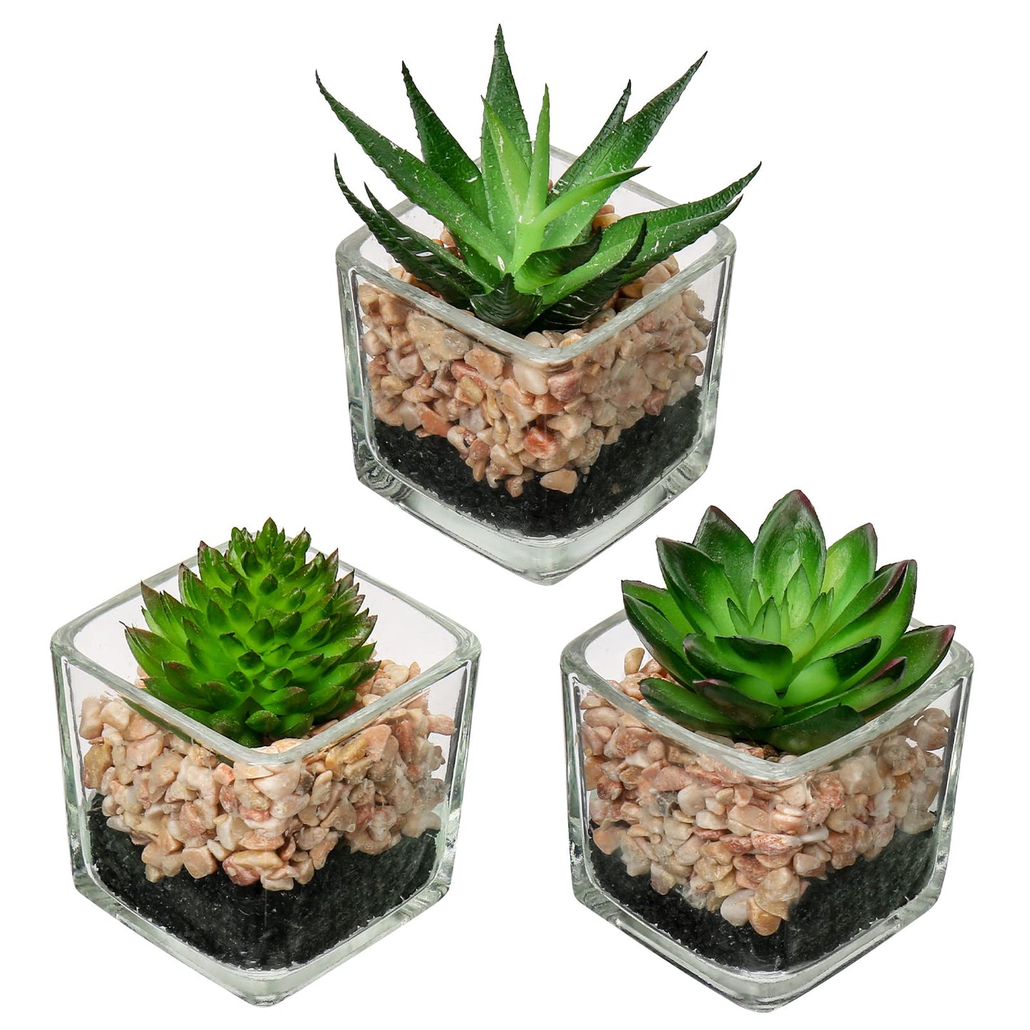 Briful Set of 3 Succulents Plants Artificial in Glass Pots Small Fake Succulents Plants Faux Plants Indoor for Home Office Table Desk Shelf Room Decor