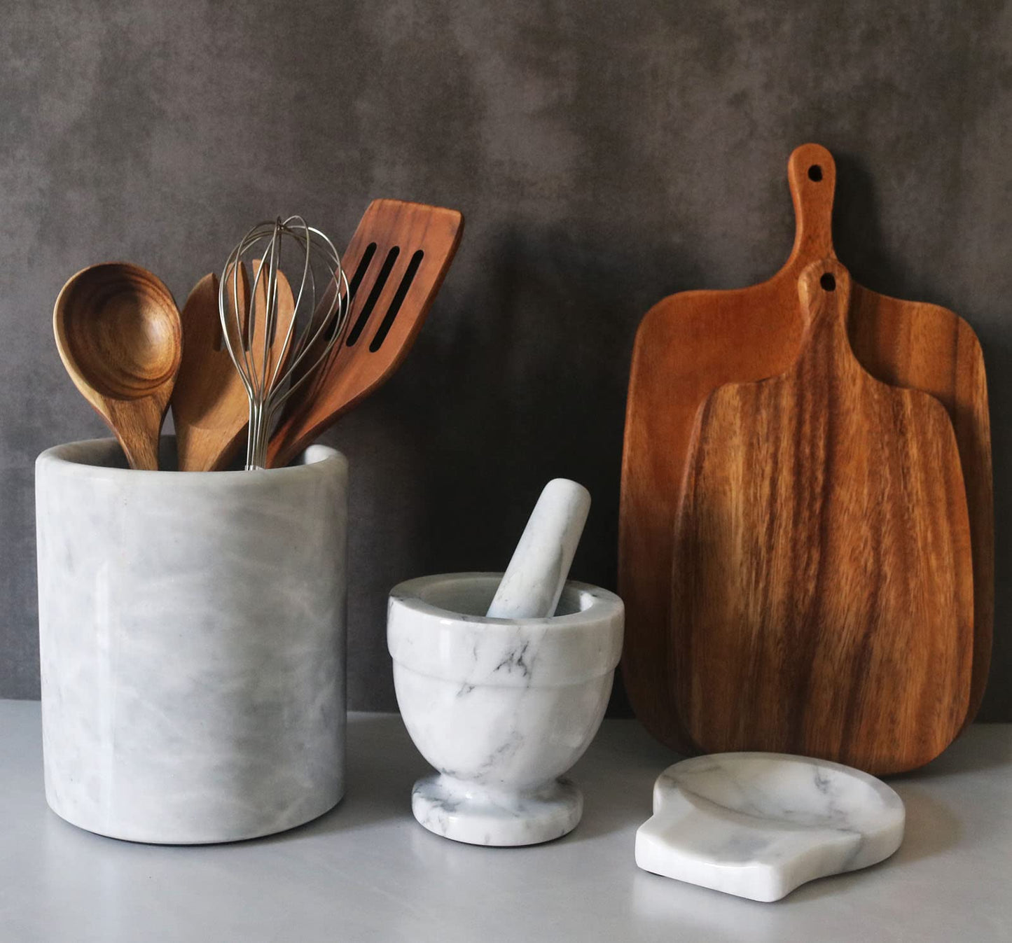 HillSpring Large Marble Kitchen Utensil Holder for Countertop, Tool Organizer with Protective Padded Base, Farmhouse Decor Gift, Wine Chiller Bucket, 6.4", Grey