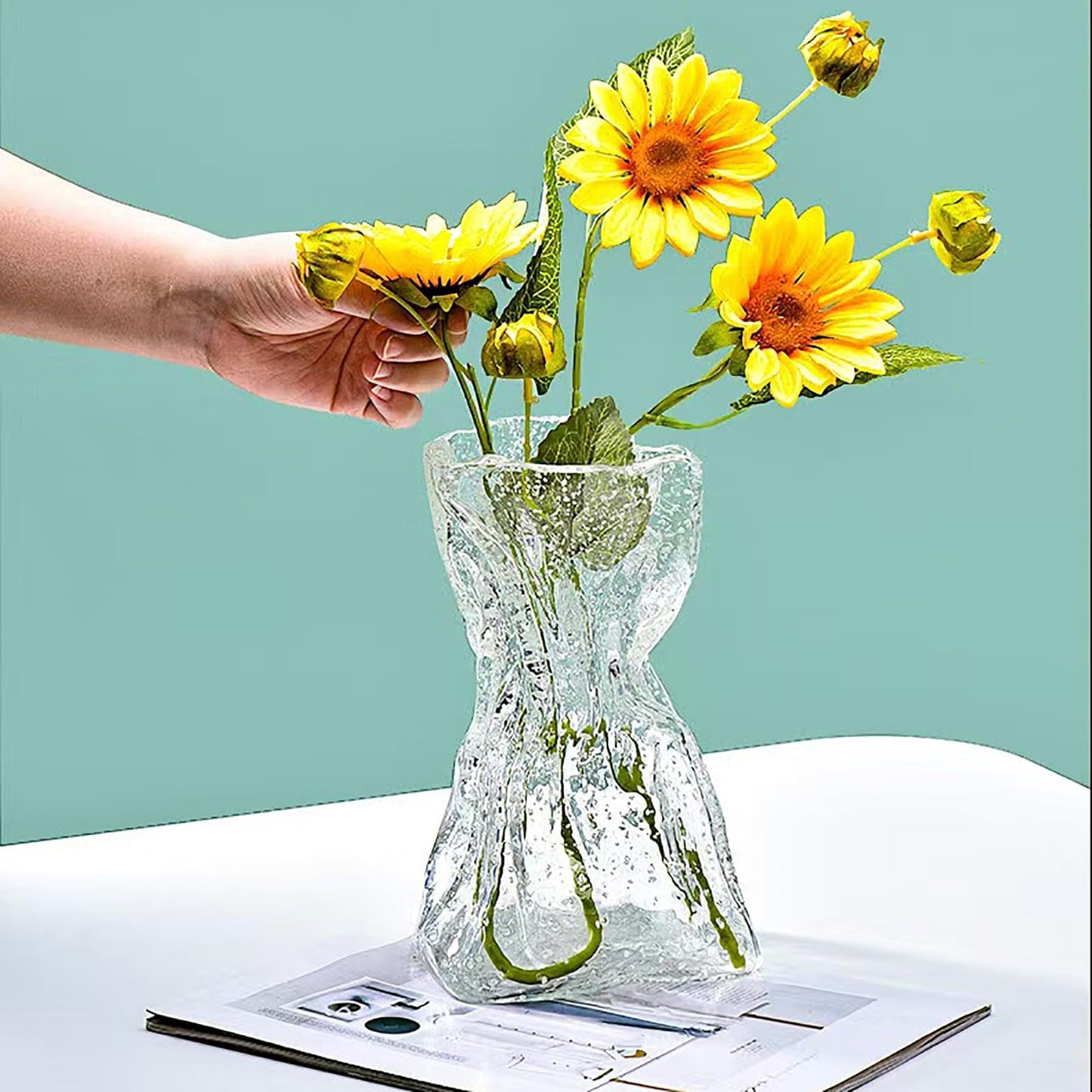 Hikiwin Handmade Luminous Glass Flower Vases,Irregular Shaped Flower Vase,Glass Cylinder Bud Vases,Transparent,7.3 Inches,1 Piece