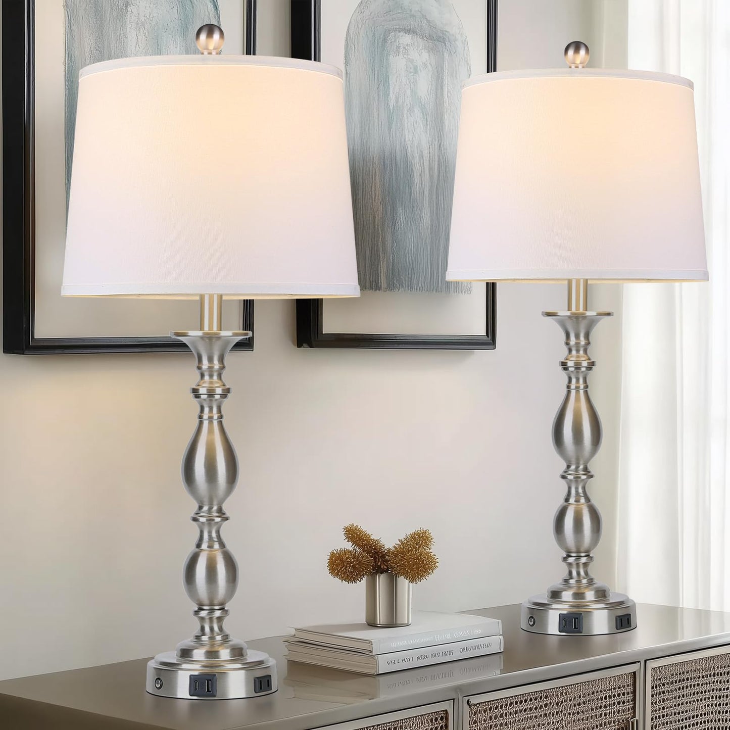 MOUVOVO 28" Tall Modern Table Lamps Set of 2 with USB A+C Ports and AC Outlet, 3 Way Touch Metal Bedside Lamps for Bedroom, Silver Farmhouse Nightstand Lamps for Living Room