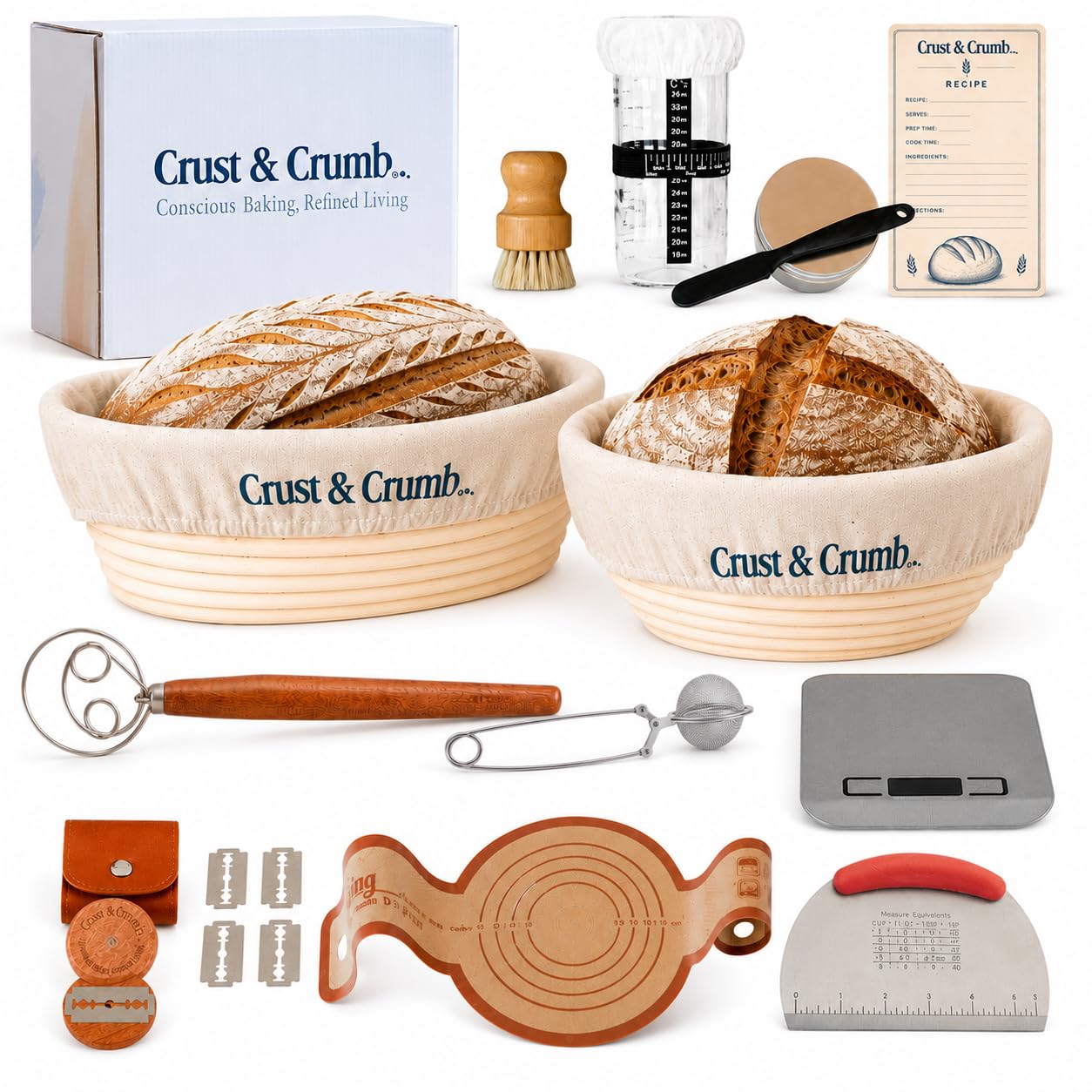 Complete Sourdough Starter Kit, 2 Bannteon Bread Proofing Baskets 9" & 10", UFO Bread Lame, Food Scale, Starter Jar, Silicone Baking Mat, Stainless Steel Dough Scraper and Flour Sifter, Recipes