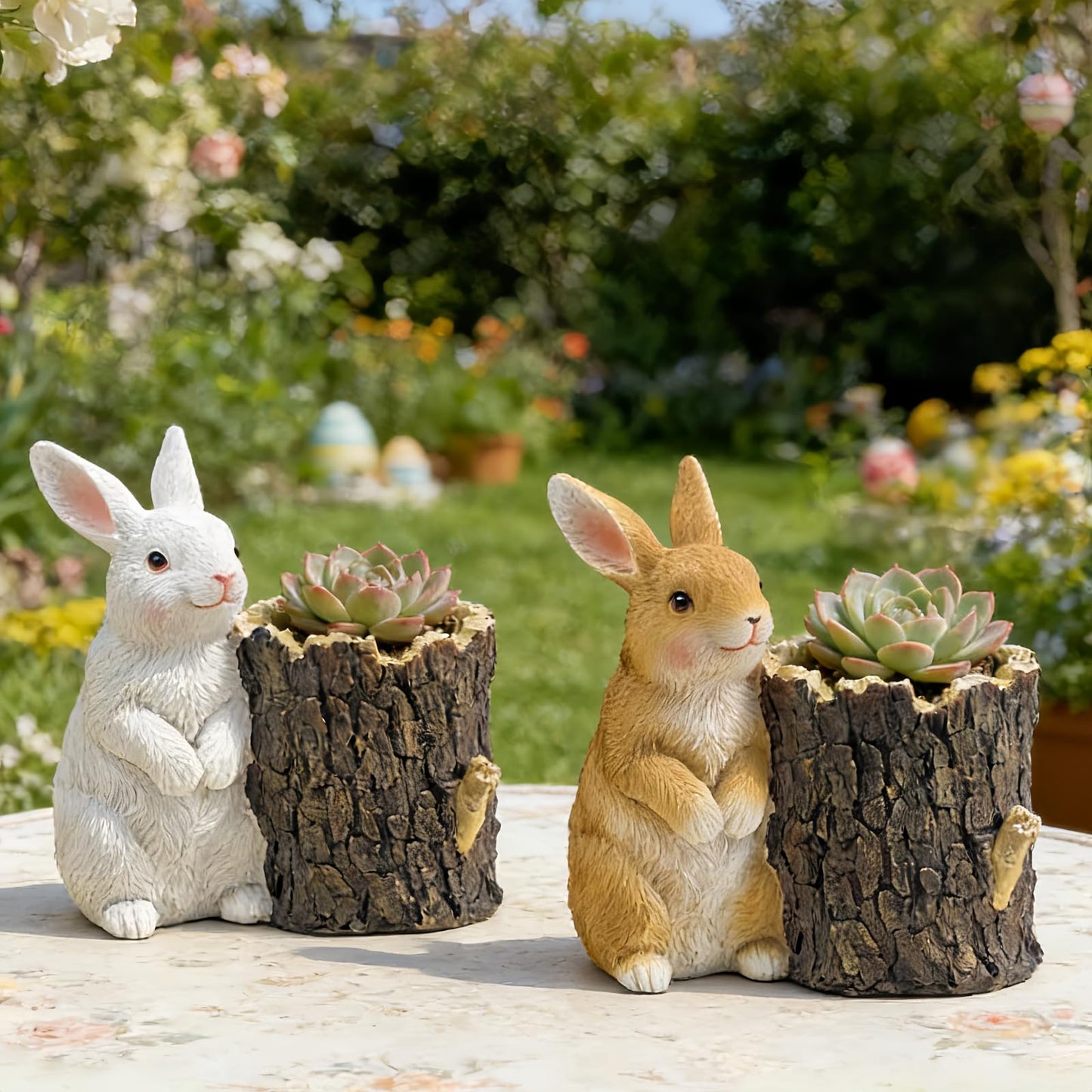 Big Stone Art Resin Rabbit Planter with Tree Stump Statue, Bunny Garden Decor, Animal Figurine Pot (Brown)