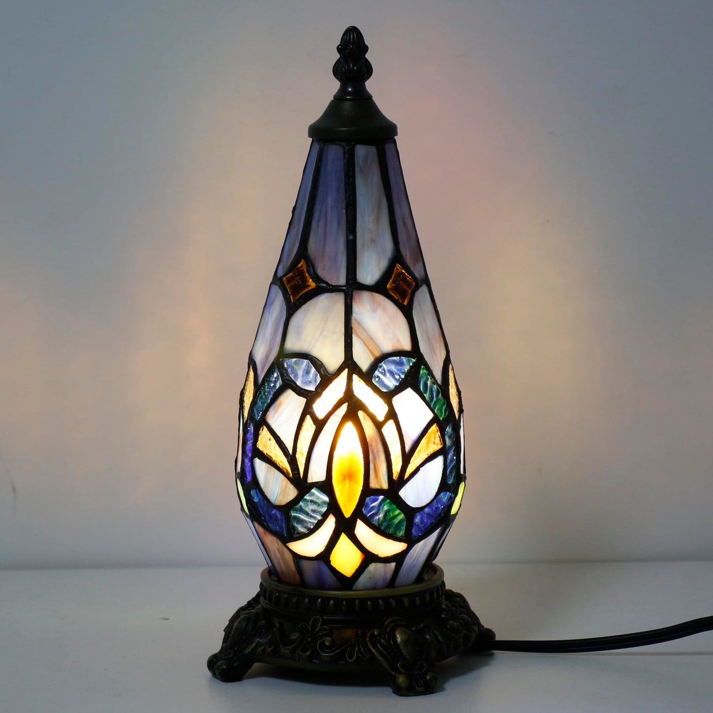 TCODTPOL Small Tiffany Lamp Stained Glass Table Lamp 5.5X11 Inch Christmas Tree Lighthouse Mini Accent Memory Sympathy Antique Night Light for Bedroom Living Room (Blue Purple)