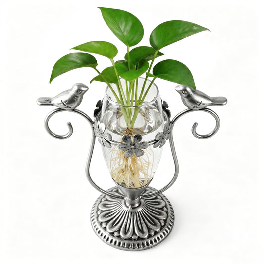 POXOHO Vintage Plant Propagation Station, Hummingbird Metal Glass Plant Terrarium Stand, Office Desk Room Unique Flower Vase, Plant Lovers Gift Ideas for Women, Men (Silver)