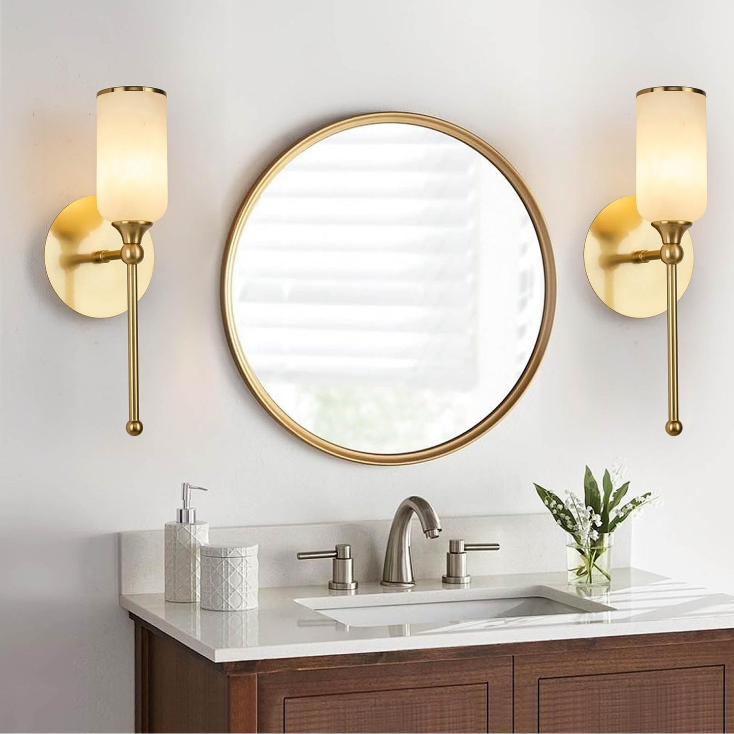Fanyank Alabaster Wall Sconce, 15.4inch Natural Marble Lampshade Wall Sconce, Hardwired Sconce LED Modern Wall Lamp for Bedroom, Stairs, Living Room, Bedside, Hallway Gold