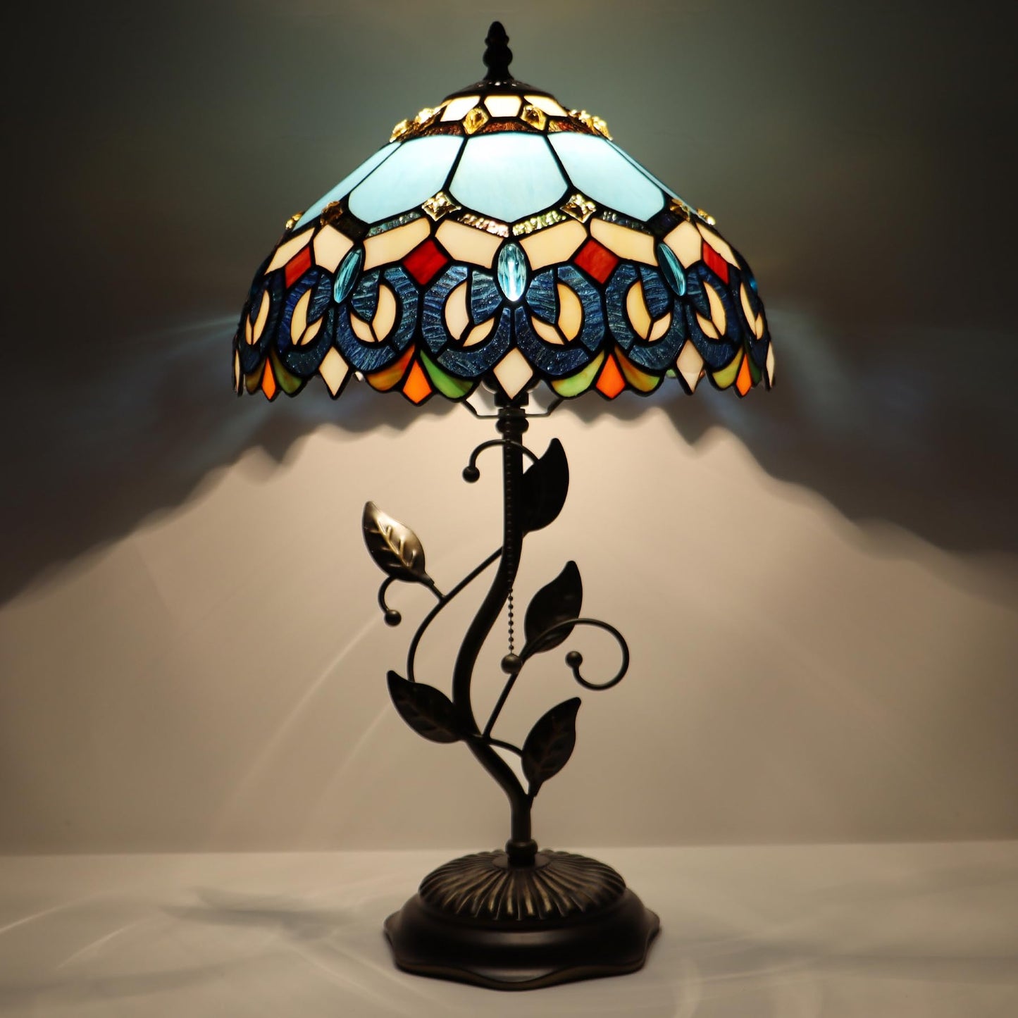 LXHCYOU Tiffany Table Lamp, Stained Glass Desk Light, W12H19 Inch, Metal Leaf Base (Sapphire Style)
