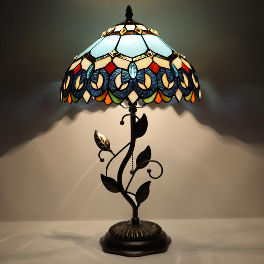 LXHCYOU Tiffany Table Lamp, Stained Glass Desk Light, W12H19 Inch, Metal Leaf Base (Sapphire Style)