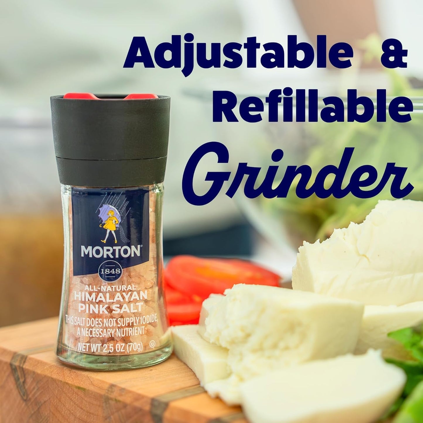 Morton Himalayan Pink Salt, 2-Piece Bundle Set, Grinder, 2.5oz, & Coarse Grain Refill Pouch, 16oz