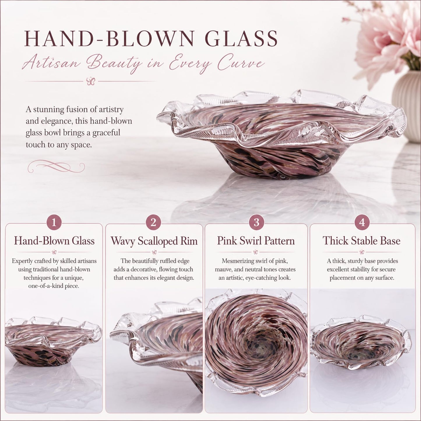 Large Hand Blown Glass Bowl, Ocean Wave Ruffled Rim Decorative Fruit Bowl, Swirled Blown Glass Centerpiece Bowl Glass, Blown Glass Art for Kitchen Counter Fruit Display or Office Candy Bowl (Pink)