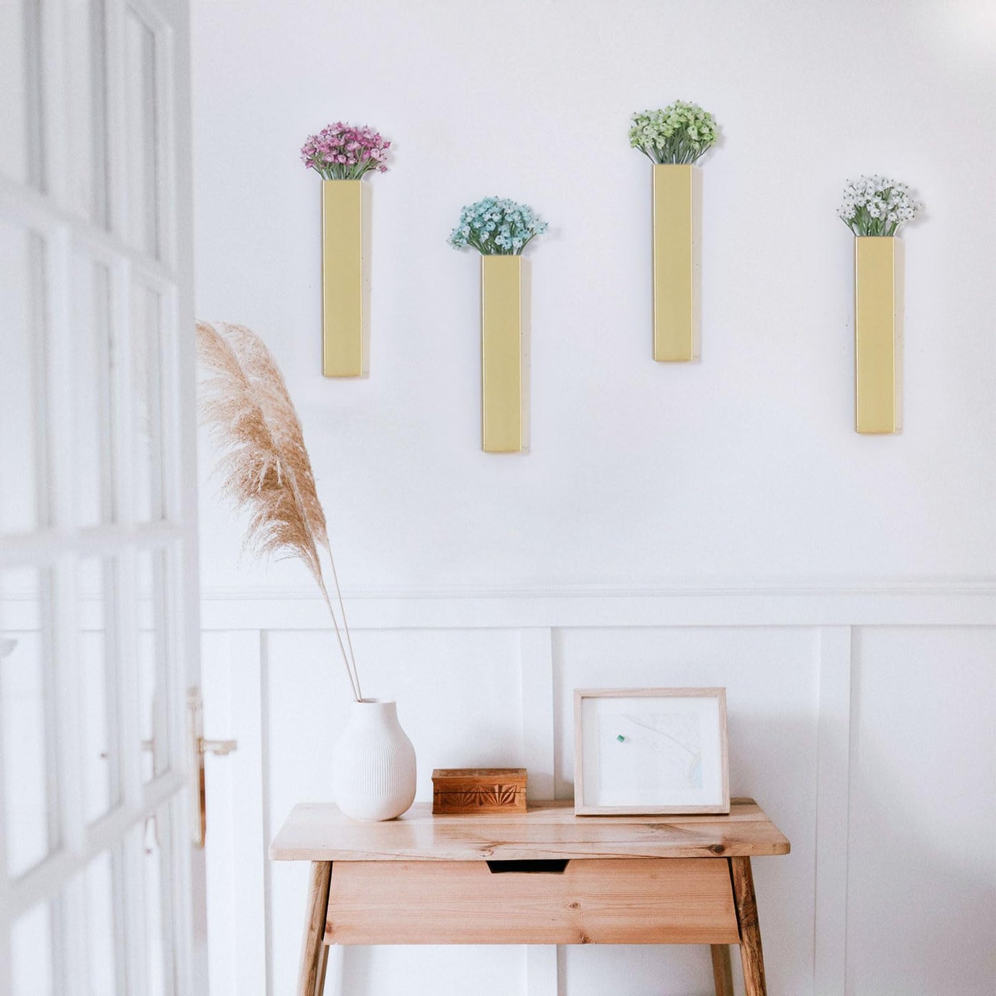 Pretty Jolly Wall Decor Babys Breath Metal Planter Modern Boho Home Vase,Artificial Flowers Indoor Wall Sculpture for Living Room, Bedroom White Set of 2 Gold