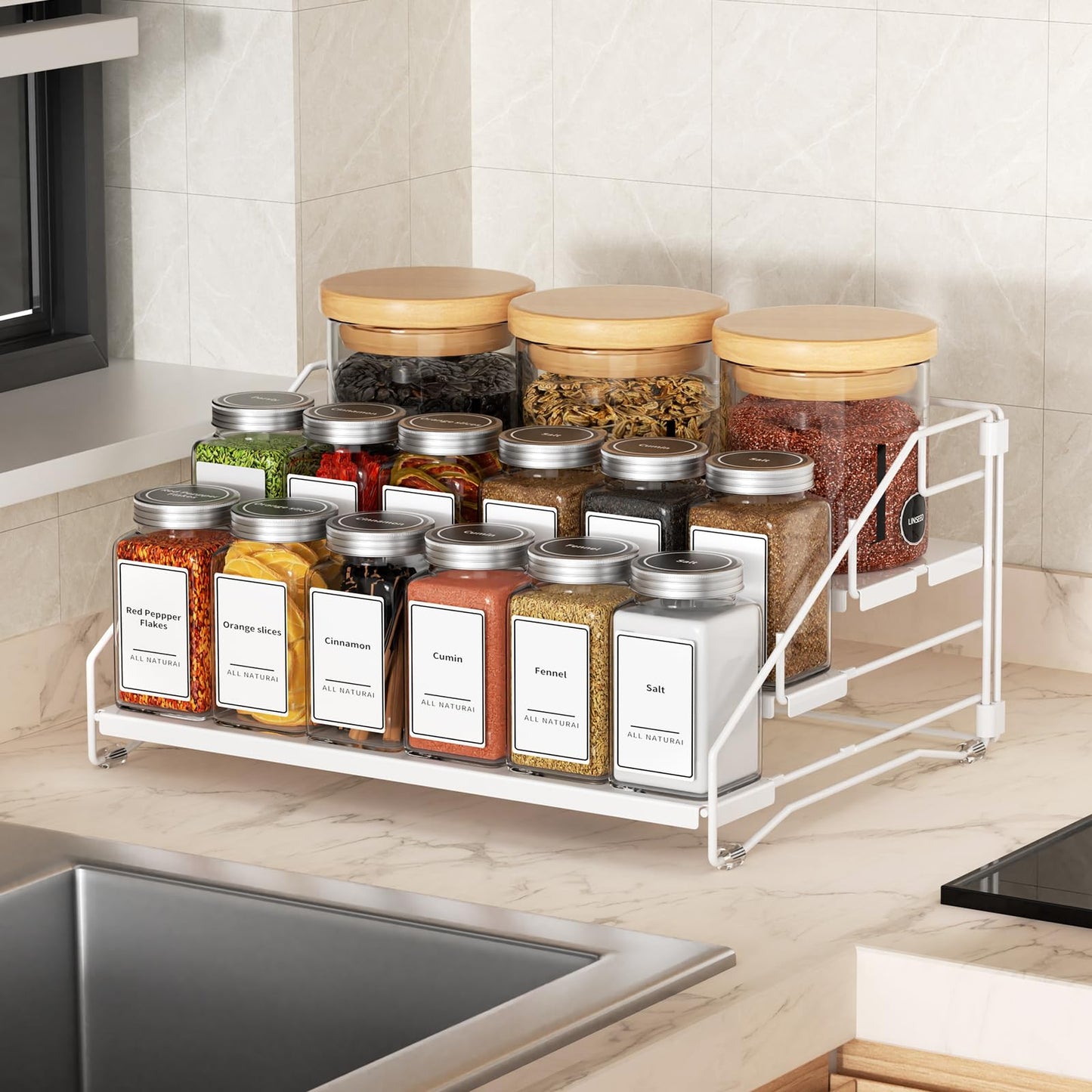 BOIVSHI Tiered Spice Rack, 4 Tier Spice Shelf Organizer for Cabinet, Spice Rack Organizer, Depth Adjustable Seasoning Rack Organizer for Cabinet, Countertop, Pantry, Metal, White (1 Pack)