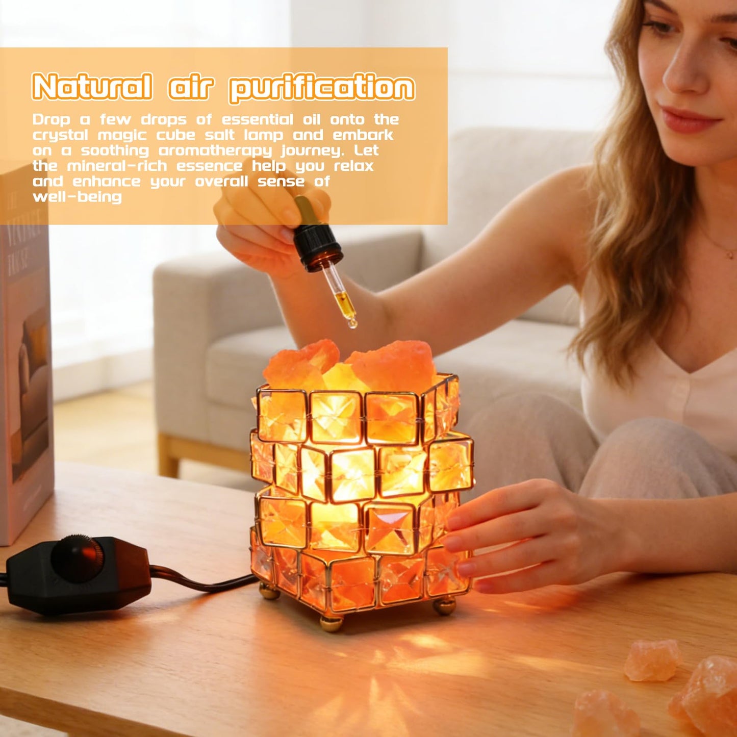 Natural Himalayan Pink Salt Lamp, Dimmable Single Lighting, Plug-in Powered, Crystal Salt Rock Lamp, Glow Night Light for Bedroom Office, UL & ETL Certified Cord (Crystal Cube)