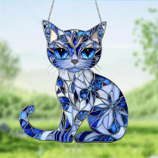 Cat Decor Stained Glass Window Hanging Suncatcher Gift for Mom Women，Blue Cat Suncatcher for Window，Cat Decor Wall Art for Kitchen Livingroom Office