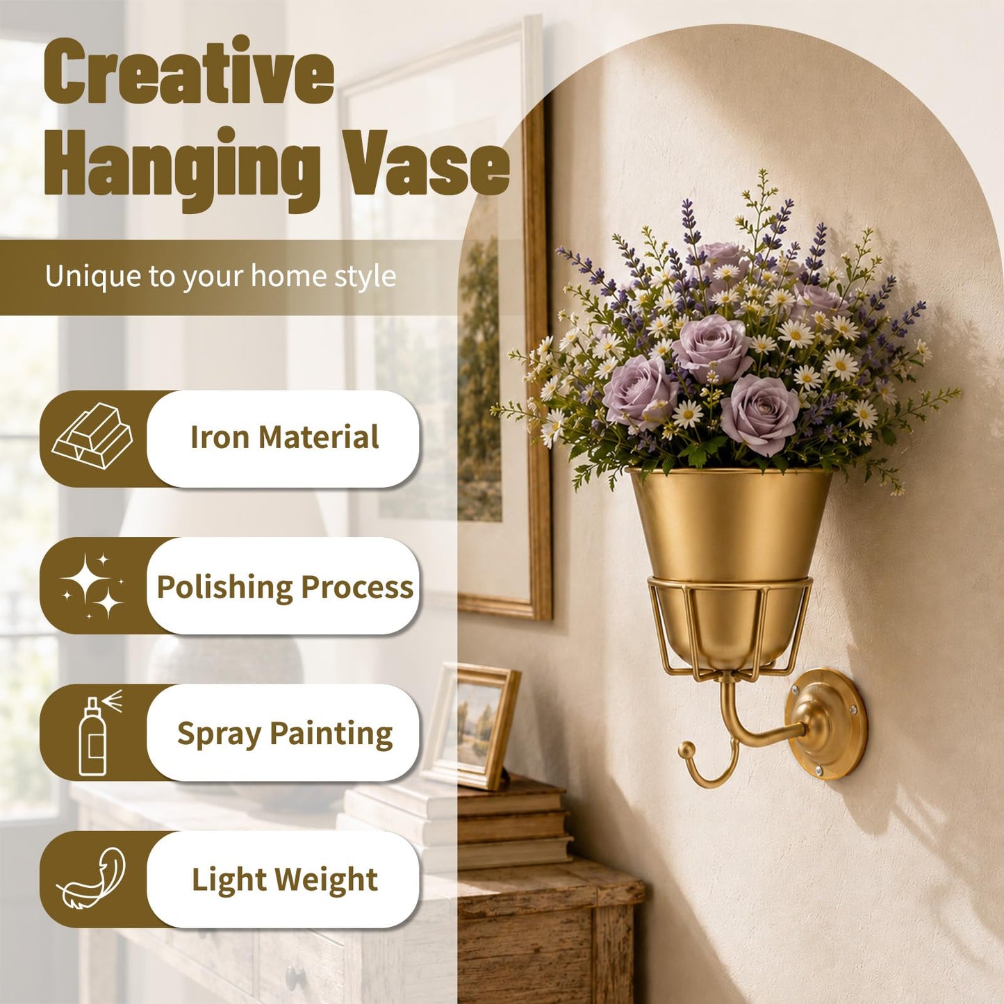 Gold Wall Vase for Flowers, Boho Metal Hanging Vessel, Versatile Organizer Wall Decor for Home Living Room, Bedroom, Bathroom & Kitchen, Office