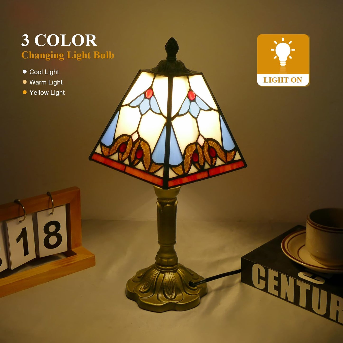 VirtueKing Tiffany Lamp 6" Wide Small Square Baroque Style Stained Glass Table Lamp Desk Reading Light, Bedside Table Lamp Decor for Small Space Bedroom Home Office