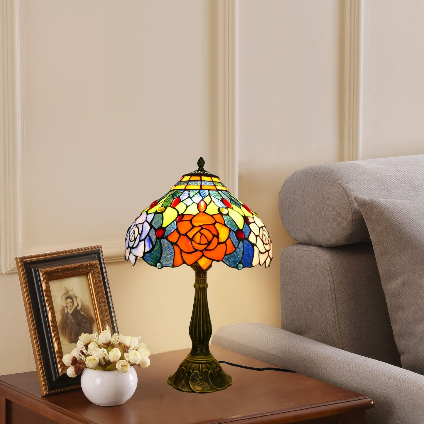 Tiffany Table Lamp Stained Glass Peony Flower Style Table Light, 12" Wide 19" Tall Handmade Bedside Table Night Lamp, Antique Art Craft Gifts for Living Room Bedroom Study Bookcase Desk Light