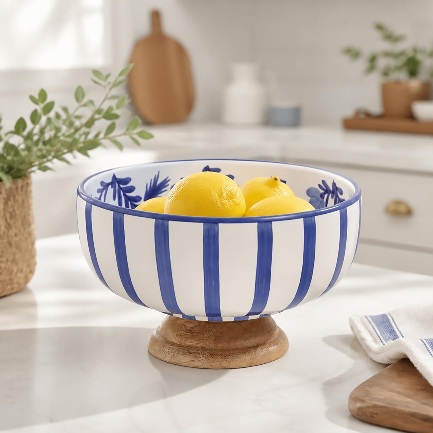 Mud Pie Blue Ceramic and Wood Pedestal Bowl