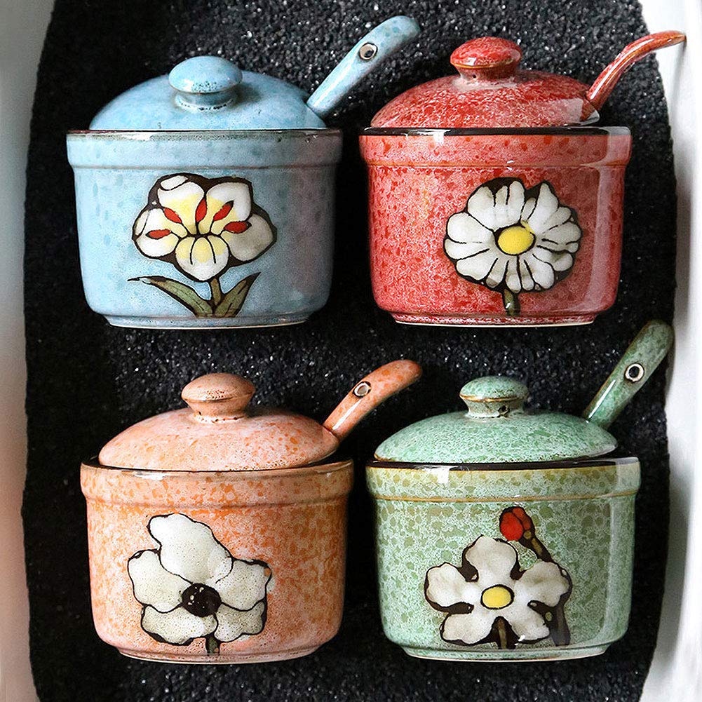 VanEnjoy Traditional China Retro Hand Painted Flower Ceramic Round Sugar Spice Containers Porcelain Jar with Spoon Round Condiment