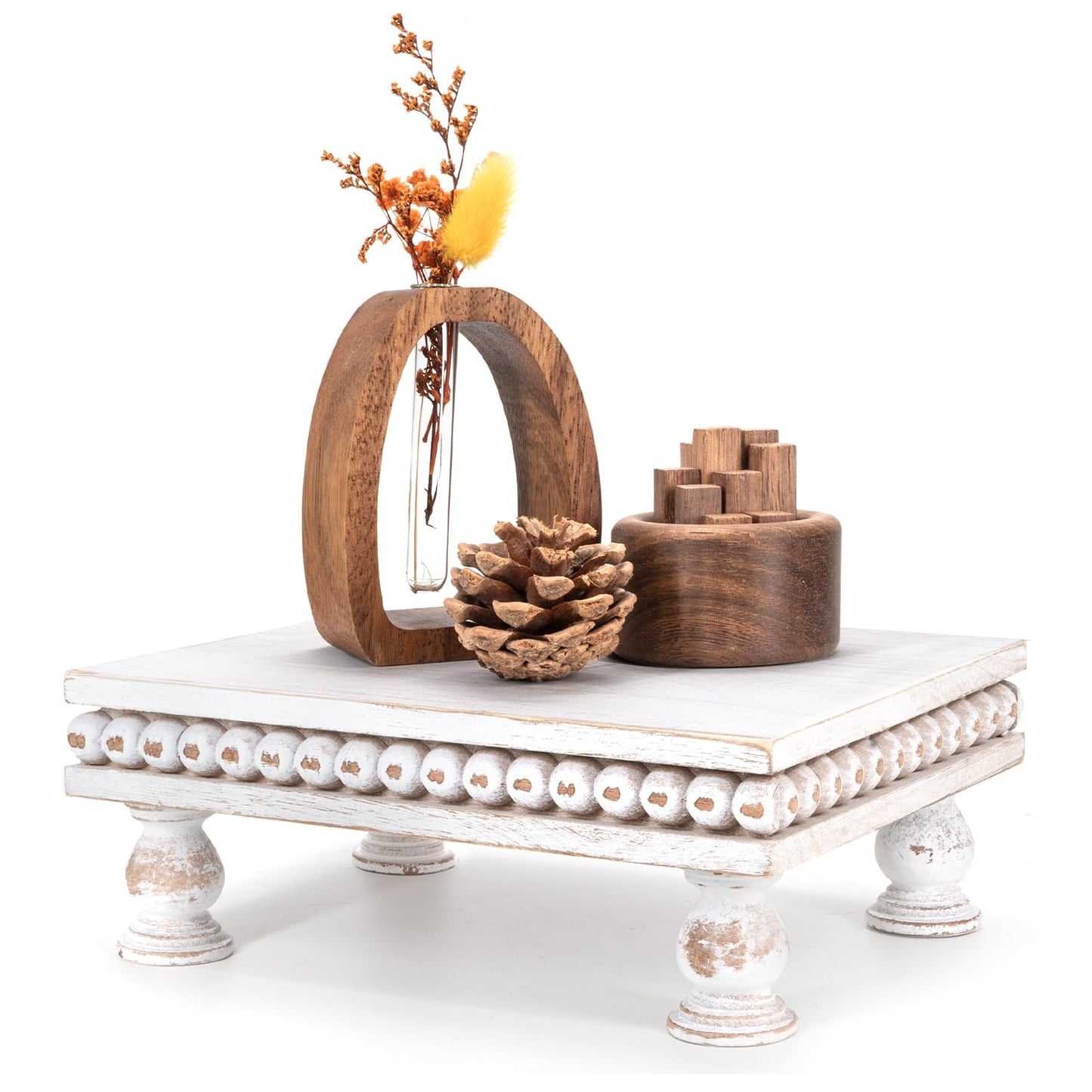 EOSAHR Pine Wood Display Riser – Modern Farmhouse Style Pedestal Stand for Room Decor, New House Essentials, Cake Stand or Coffee Table Accents – Boho Chic Decor Style(Distressed White)