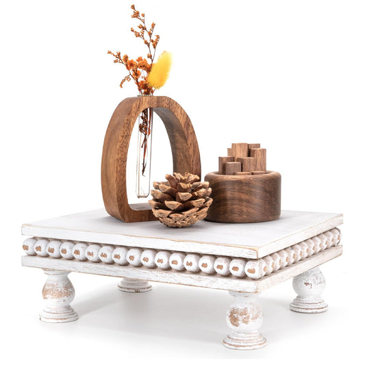 EOSAHR Pine Wood Display Riser – Modern Farmhouse Style Pedestal Stand for Room Decor, New House Essentials, Cake Stand or Coffee Table Accents – Boho Chic Decor Style(Distressed White)