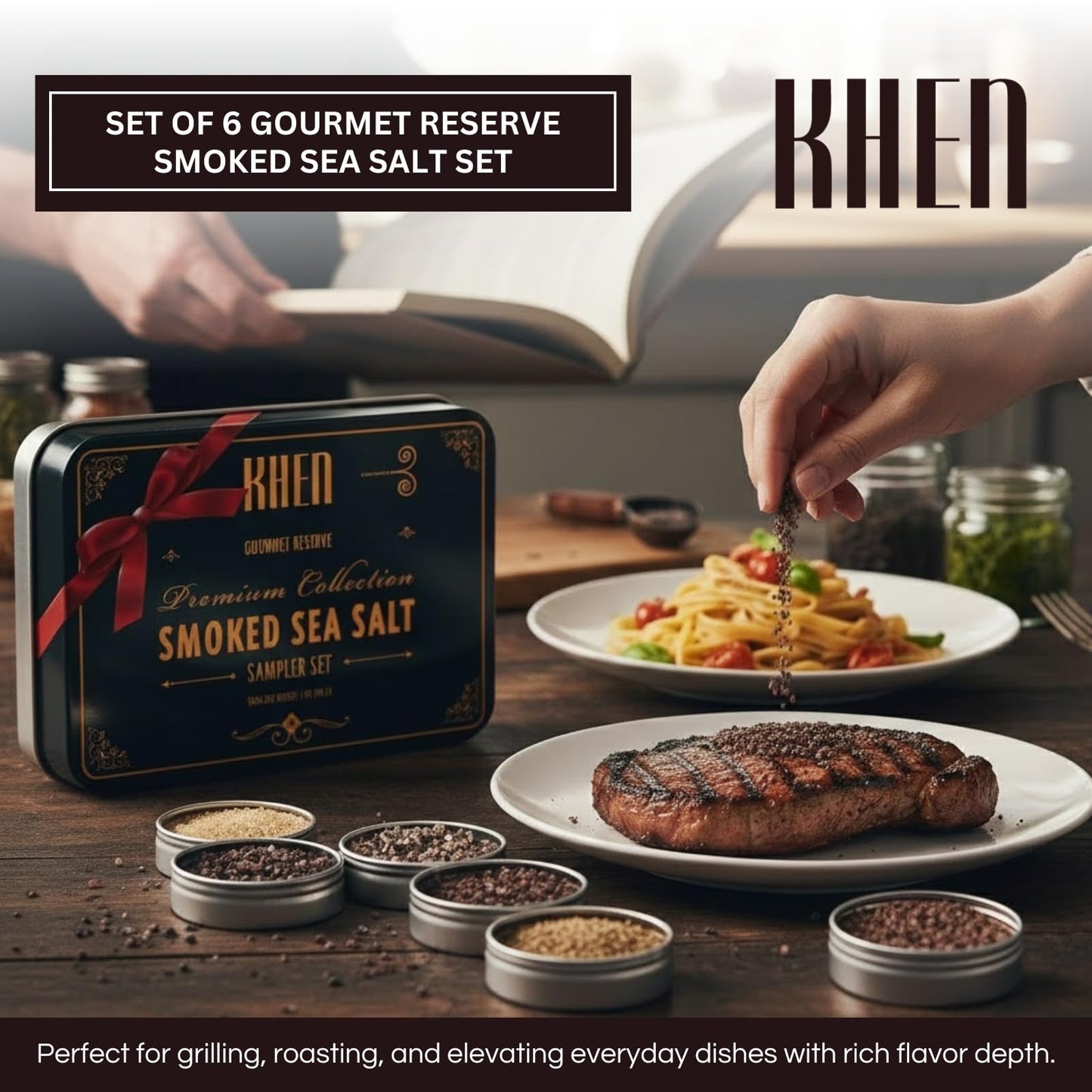 Smoke & Flame Sea Salt Gift Set of 6 – Gourmet Chefs Smoked Finishing Seasoning Variety Pack - Tin Gift Box | Sampler Cooking, Grilling & Baking | Assorted Natural Blends Foodies & Special Occasions