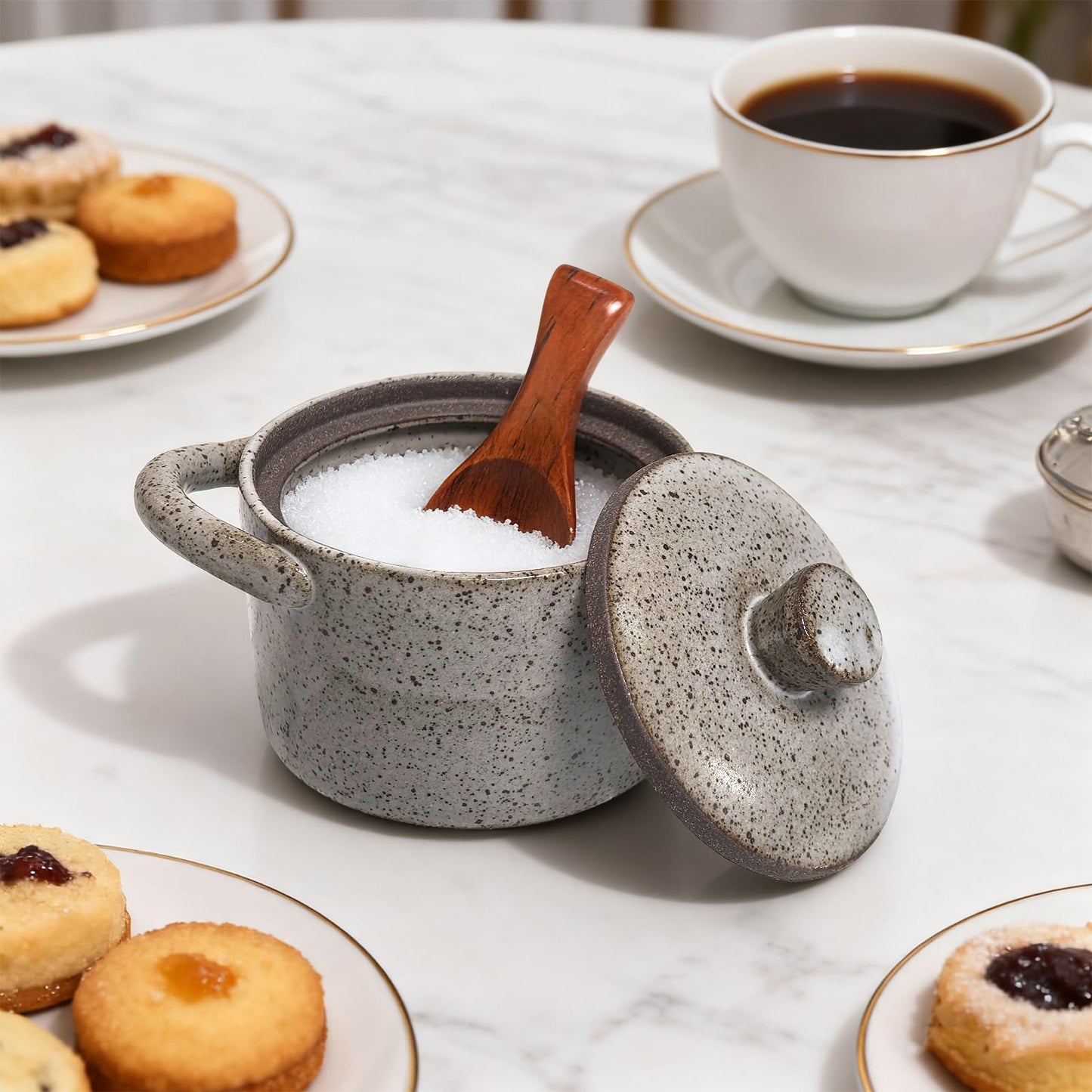 2 Set Speckled Ceramic Salt Cellar with Lid and Wooden Spoon, Vintage-Inspired Kitchen Storage, Farmhouse Salt Pepper Cellar Holder, Thoughtful Housewarming Gift for Sea Salt, Granulated Sugar