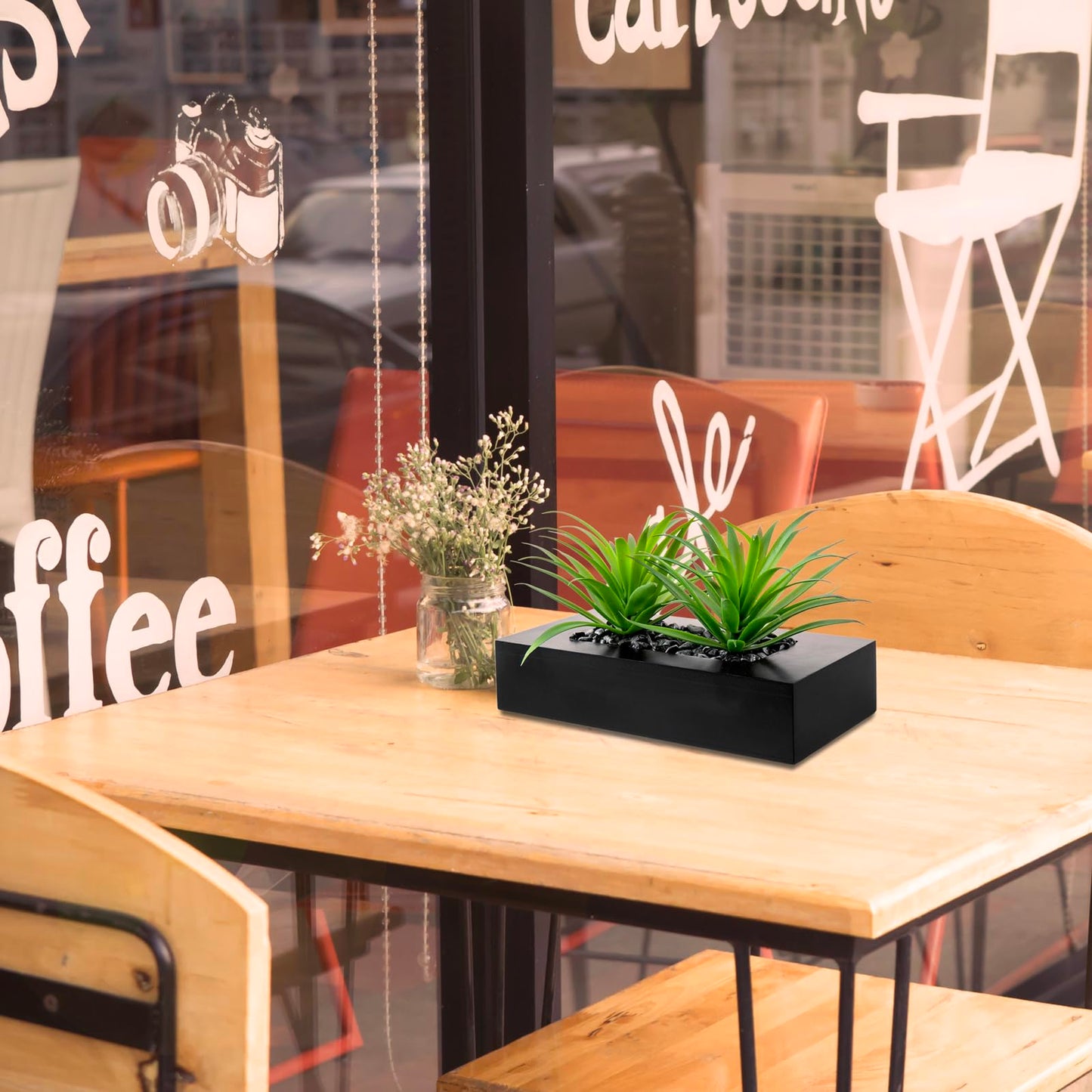 MyGift 10 Inch Fake Grass Artificial Plants in Rectangular Black Wood Planter - Faux Plants Indoor for Tabletop Centerpiece Décor