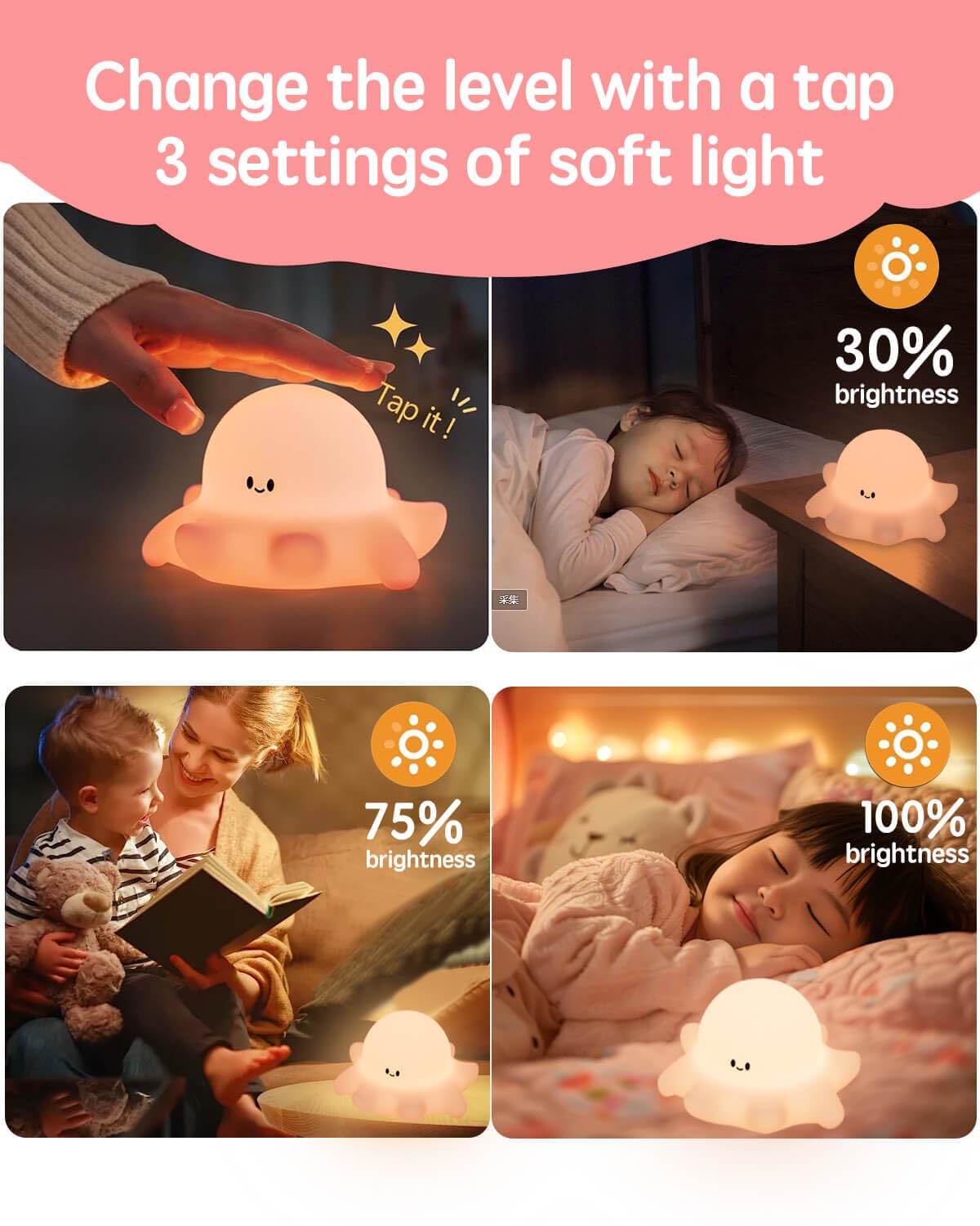 Lustrinex Cute Octopus Rechargeable Silicone Night Light for Kids, Dimmable Touch Control Nightlight with Timer, Portable USB Baby Night Lamp for Nursery, Bedroom