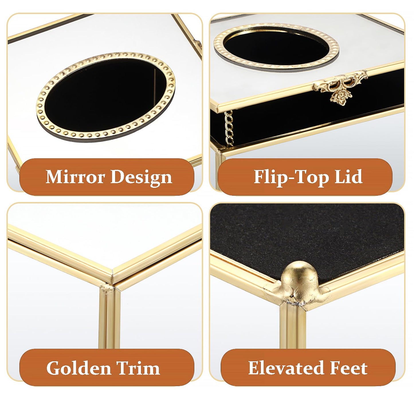 Sumnacon Square Glass Tissue Box Cover with Lid, Mirrored Cube Tissue Box Holder for Bathroom Home Office, Gorgeous Gold Facial Tissue Dispenser for Dresser Vanity Countertop Night Stand