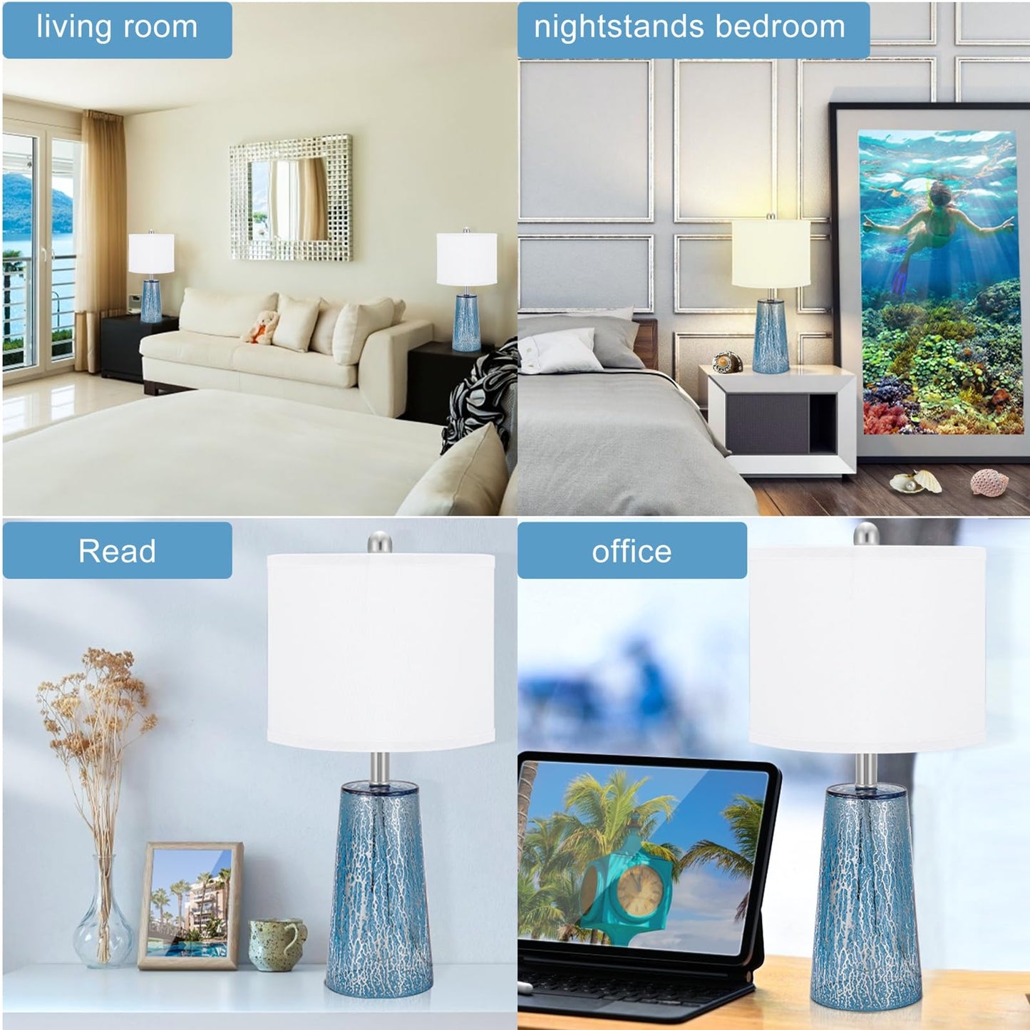 TPAMSWO Modern Coastal Table Lamps 23” High Blue Silver Hand-Applied Mercury Tapered Column Glass Bedside Lamps, for Bedroom Living Room Home Nightstand Table Lamp (Pattern May Vary Slightly)