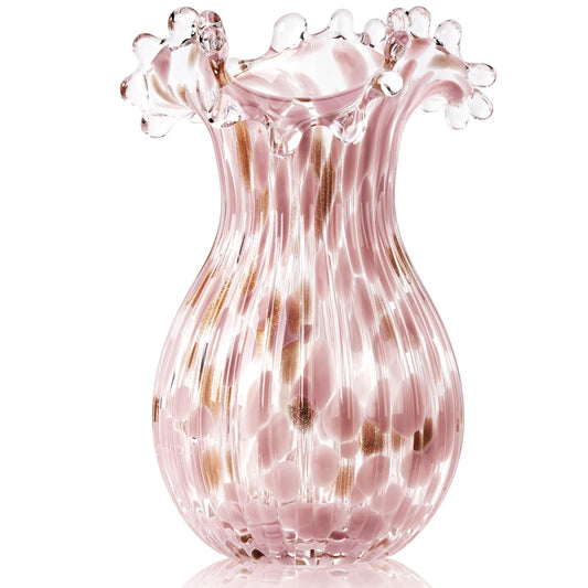 Hand Blown Glass Vase for Flowers, 9" Unique Murano Style Art Glass Vase, Wide Mouth Pink Swirl Decorative Colorful Vases for Home Decor, Living Room Table Centerpiece,Shelf, Wedding Gift