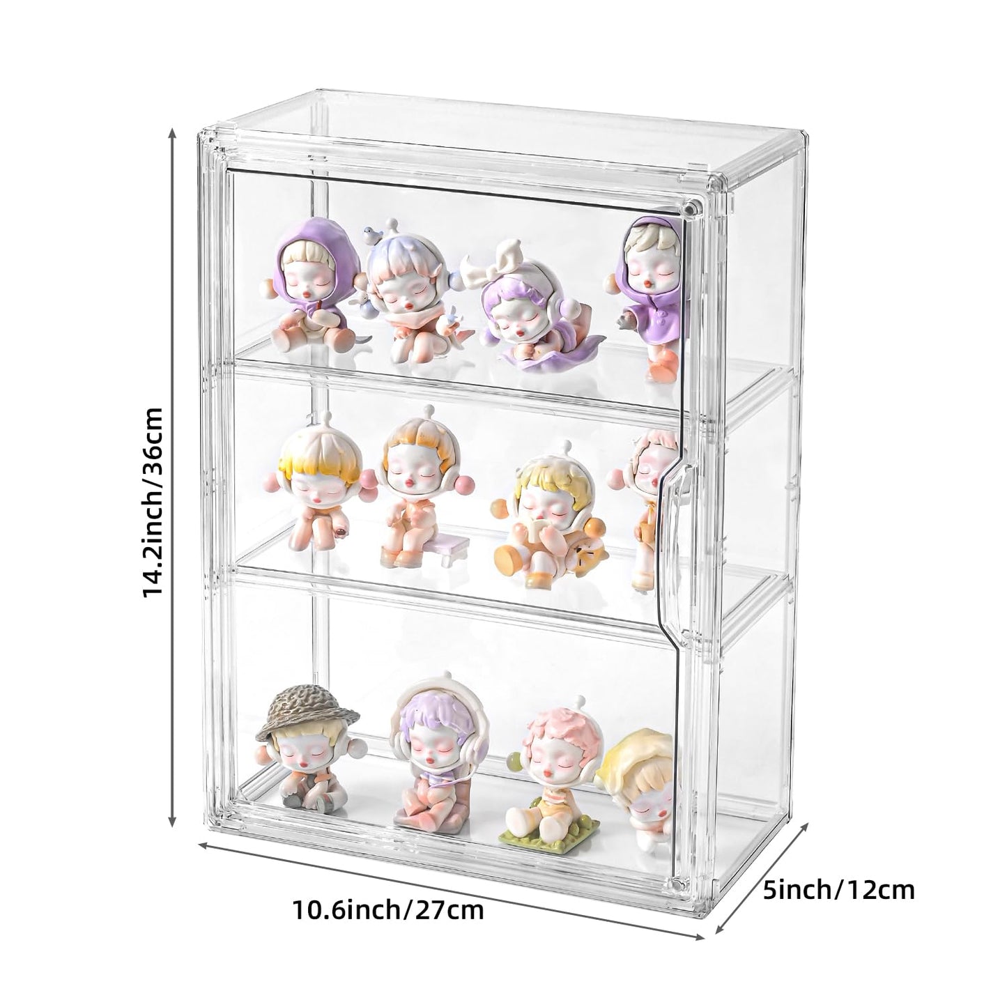 3 Tier Display Case for Collectibles,Clear Display Box with 2 Movable Plates ,Storage Container with Magnetic Door (Large 1 Pack)