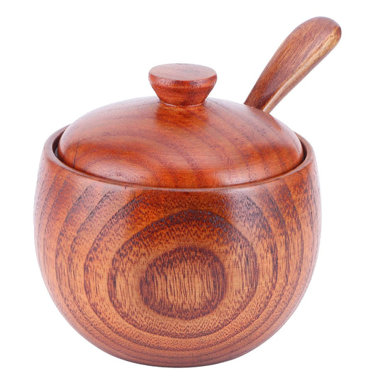 Agatige Wooden Salt Box with Lid Spoon, Vintage Salt Container Shaker Seasoning Container Cooking Utensil Sugar Holder for Kitchen, Serving, Condiment, 3.3x3.5in