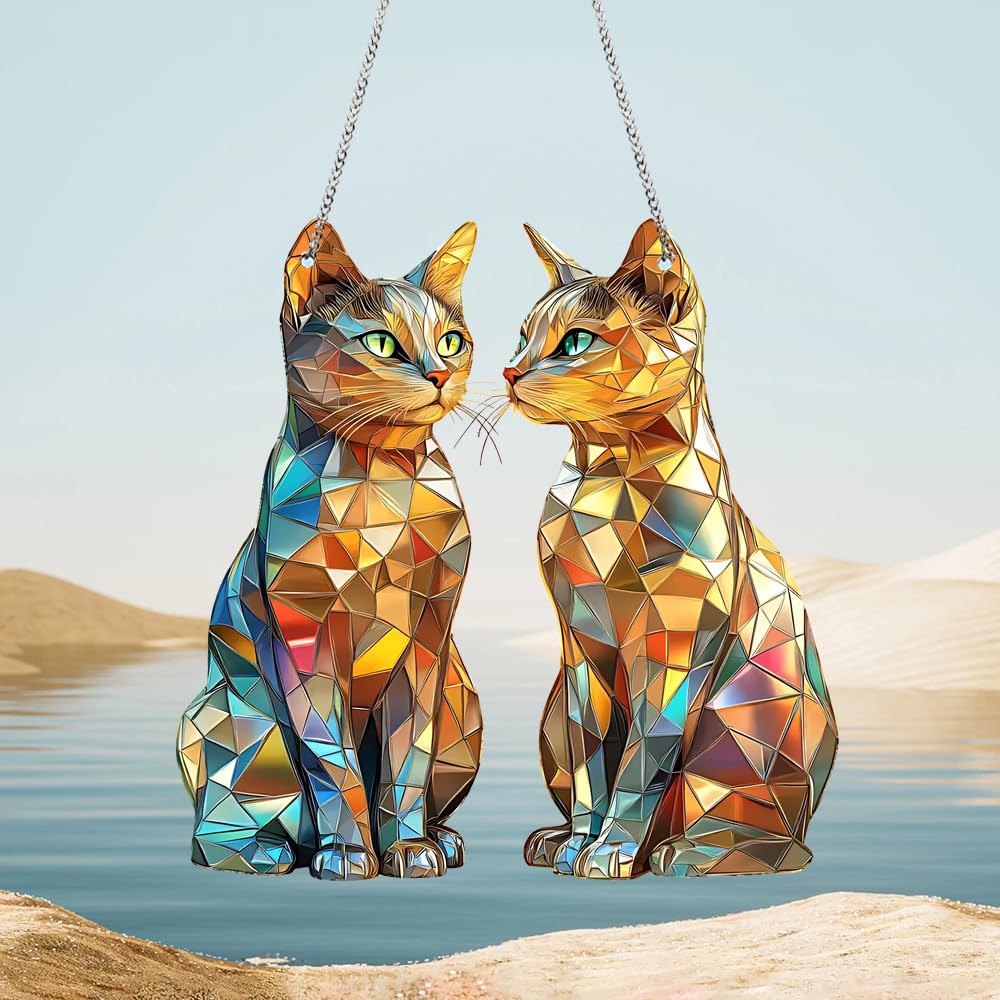 Two Cats Stained Window Hanging Ornament, Kittens Shape Stained Acrylic Double-Sided Printed Window Panel, Great Gift for Mom Grandma Animal Lover for Birthday Mother's Day or Housewarming