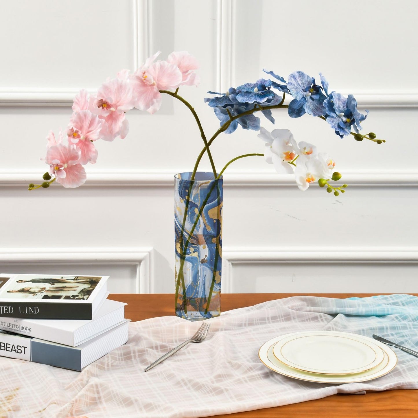 Marble Blue Gold White Plastic Vase, Creative Plastic Vase Flower Arrangement Bottle for Home Office Wedding Decor