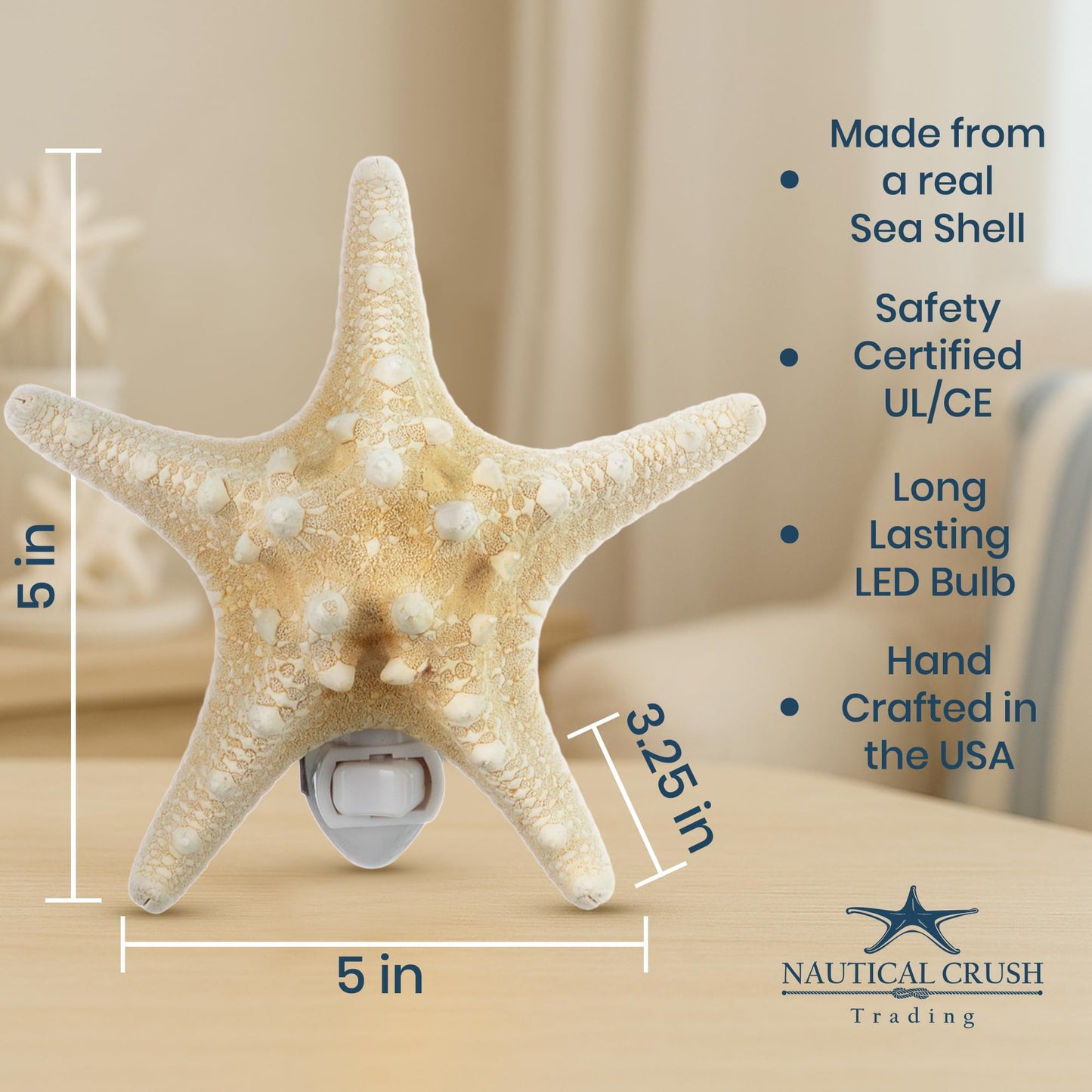 Nautical Crush Trading Real Starfish Night Light – Beach Night Light with Knobby Starfish – Shell Light for Bathroom – Sea Shell Lamp – Seashell Lamp Plug Into Wall