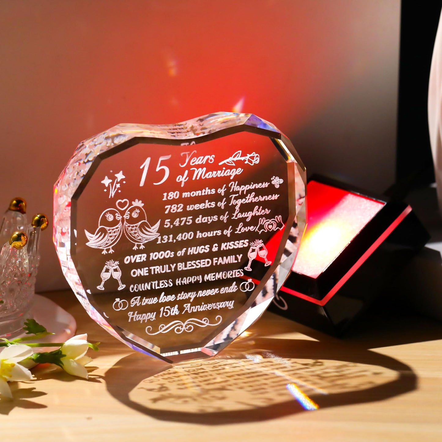 Arikyrist 15th Wedding Anniversary Crystal Heart Keepsake with Multicolor LED Base – Romantic 15 Years Marriage Gift for Couples Wife Husband Ideal Present for Christmas Valentine's Day