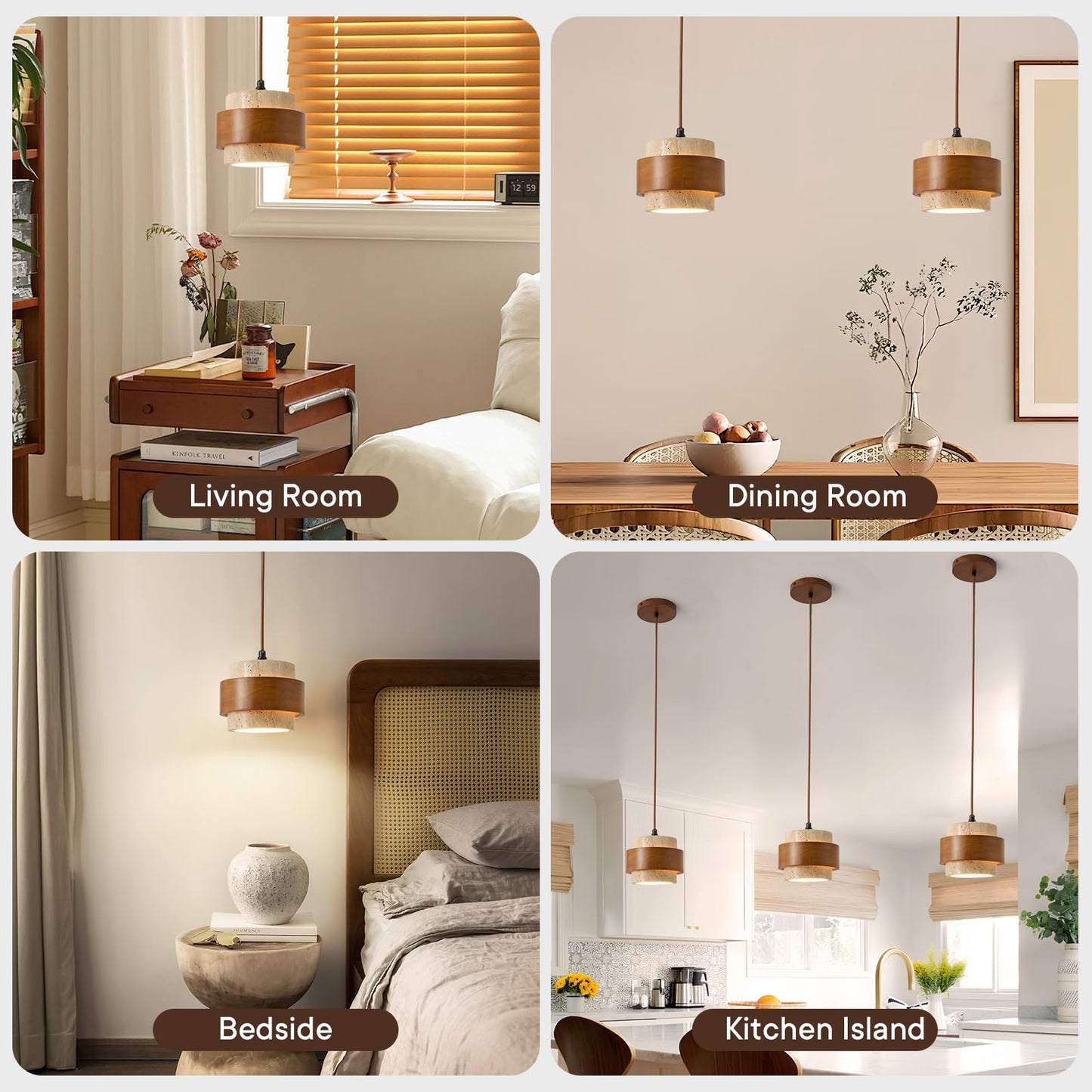 Wabi Sabi Pendant Light Set of 2, Natural Stone Travertine & Wood Hanging Lamp for Kitchen Island, Hallway, Bedroom, Dining Room Ceiling Decor (E26 Bulb, 6.7 in Stone Ring)