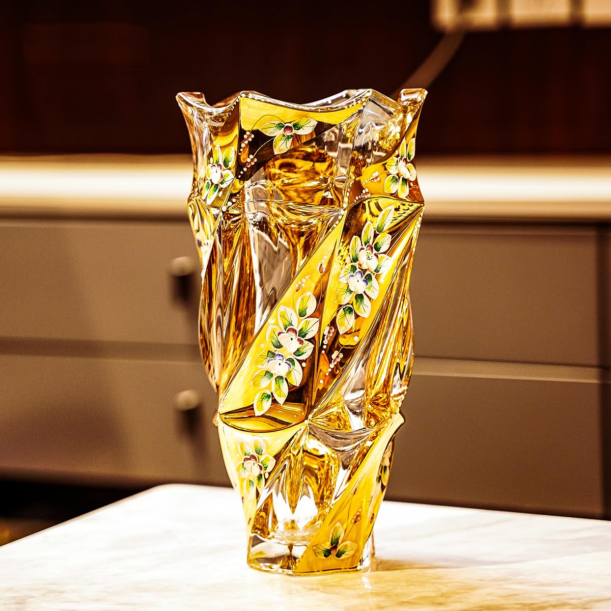 Deegufa Gold Glass Flower Vase Hand Painted Golden Enamel Vases 9.1 in, Premium Bohemia Crystal Vase for Home Decor