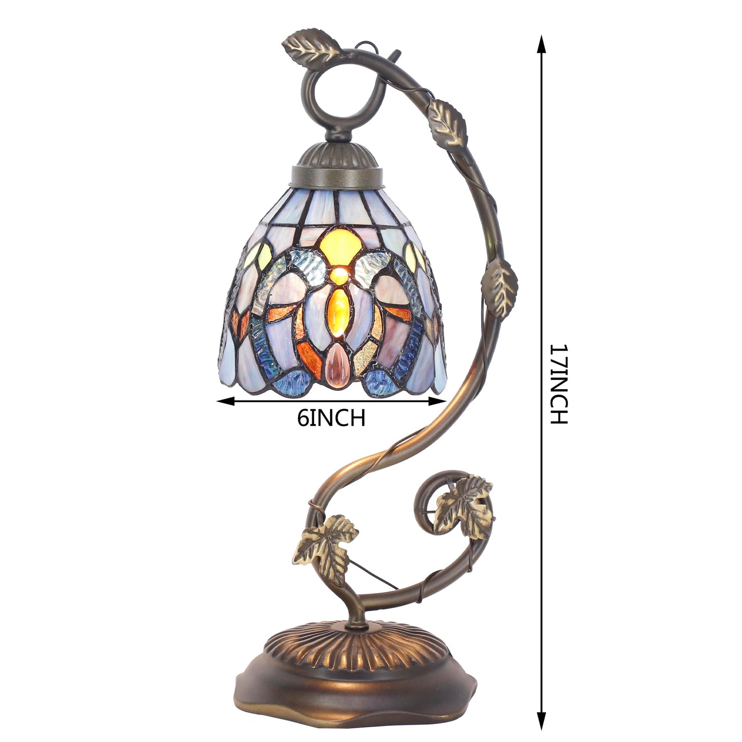 ANYONGLU Tiffany Stained Glass Reading Desk lamp Blue Purple Accent Style Bedside Metal Leaf Base 6X8X17 inch Bedroom Home Office Decoration