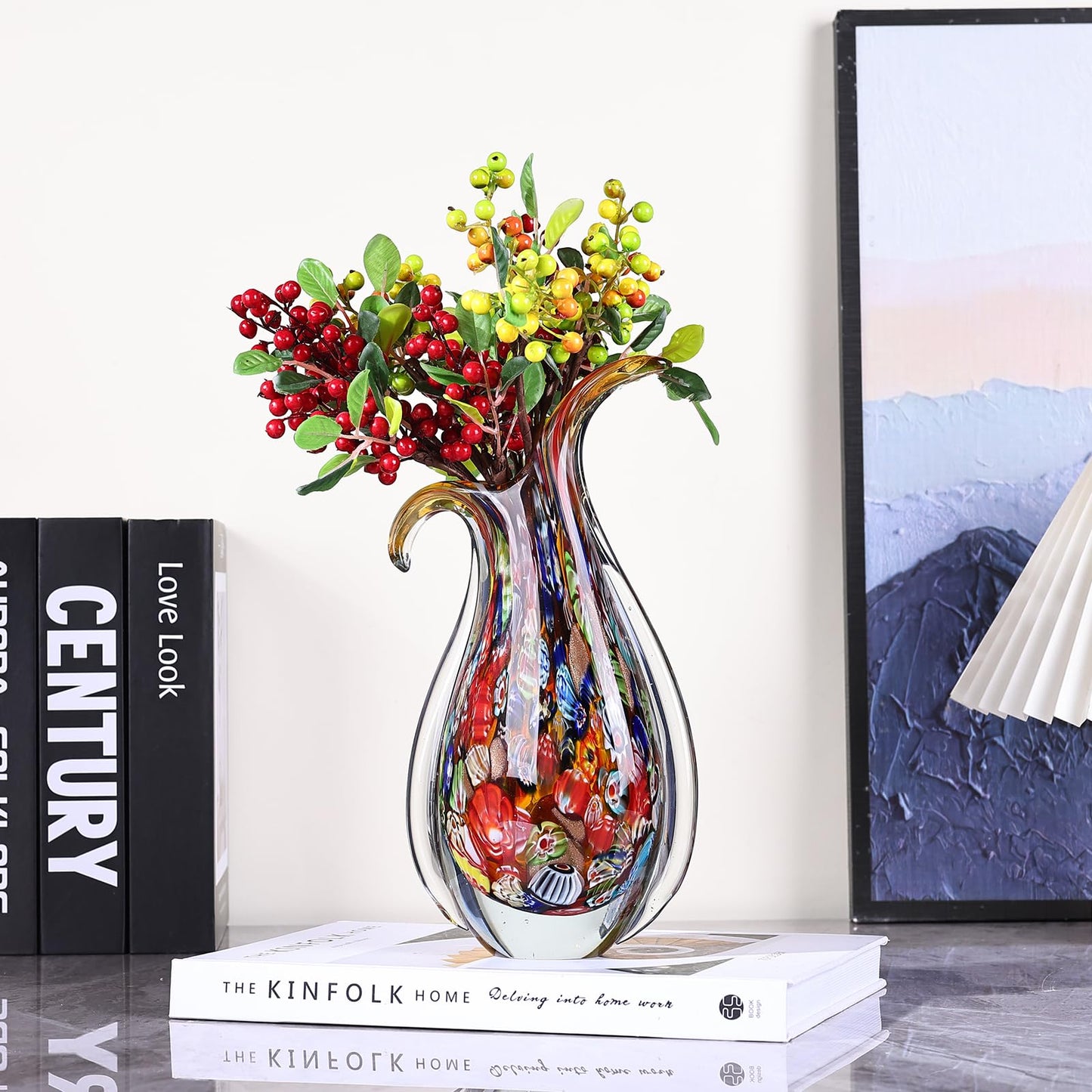 Hand Blown Glass Vase – Oval Decorative Art Glass for Centerpieces, Murano Inspired Decor for Dining Room, Entryway Table, or Shelf, Handmade Glass Vase for Home Display (Teal)